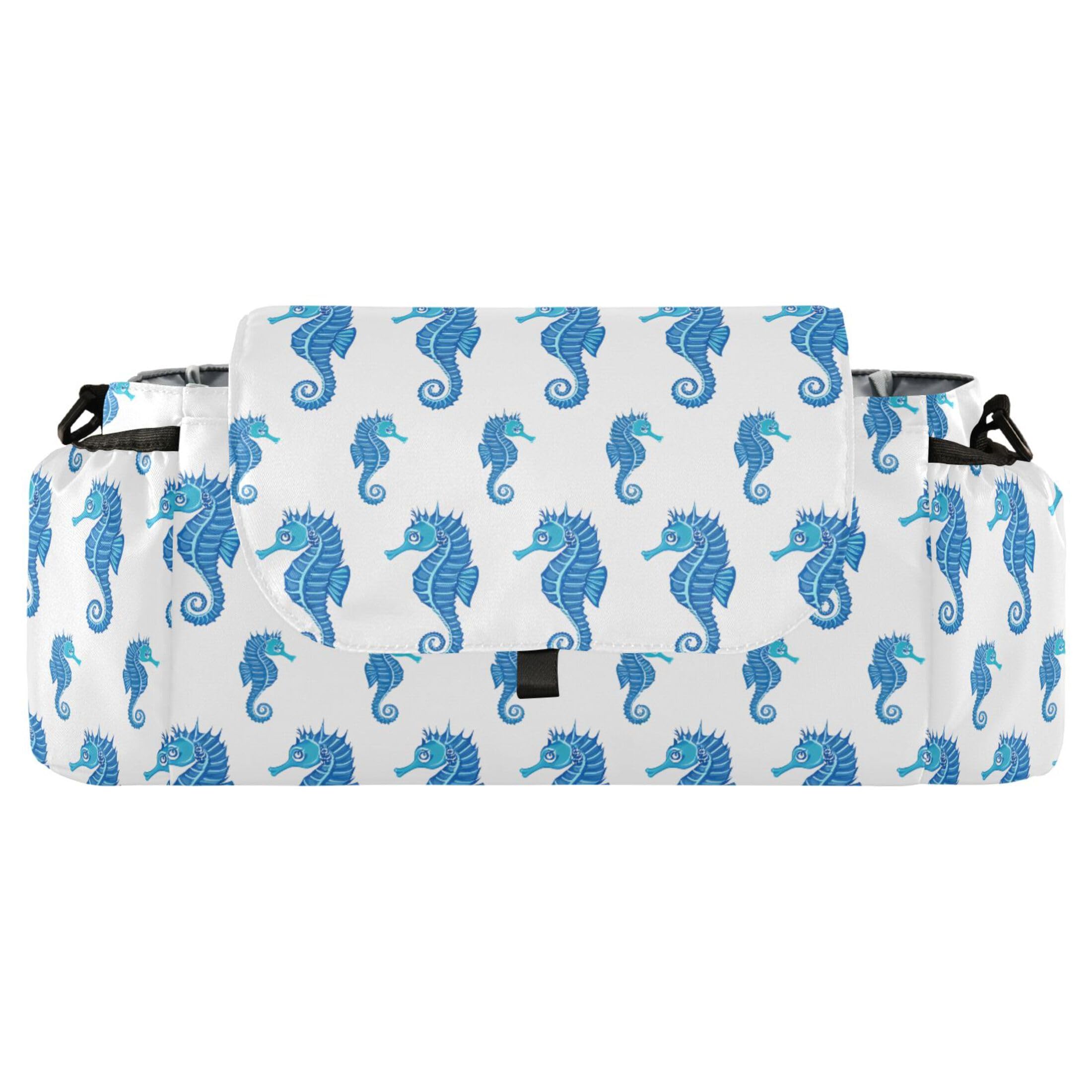 Burbuja Blue Seahorses Stroller Organizer with Insulated Cup Holders, Non-Slip Stroller Caddy Universal Fits Most Strollers, Nursery Accessories