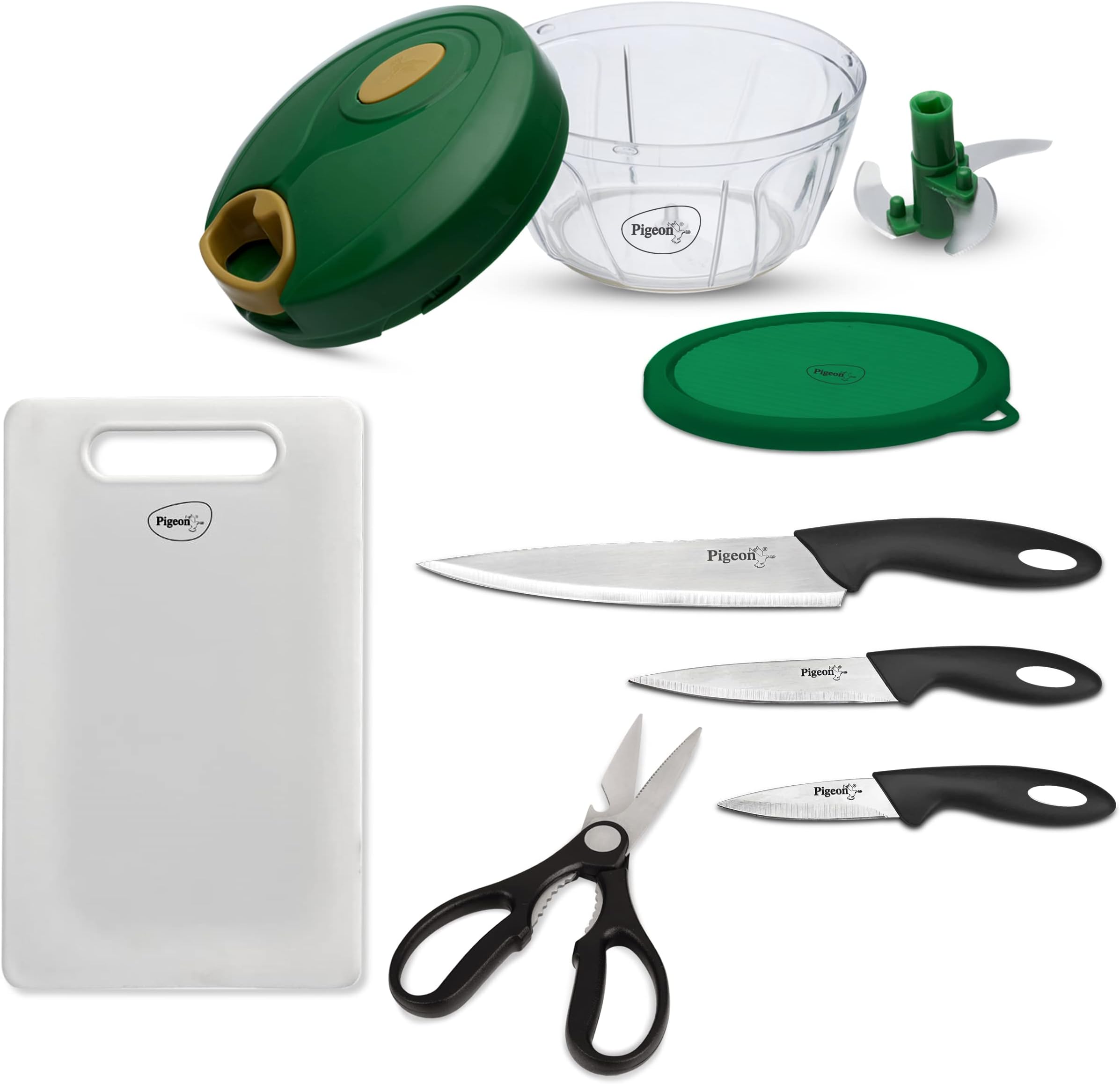 Pigeon by Stovekraft Kitchen Tools & Cutting Board Combo, Stainless Steel (400Ml Chopper & Storage, 3 Knives Set, 1 Kitchen Scissor, 1 Chopping Board), Green