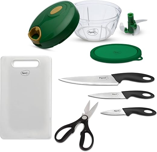 Pigeon by Stovekraft Kitchen Tools &amp; Cutting Board Combo, Stainless Steel (400Ml Chopper &amp; Storage, 3 Knives Set, 1 Kitche...