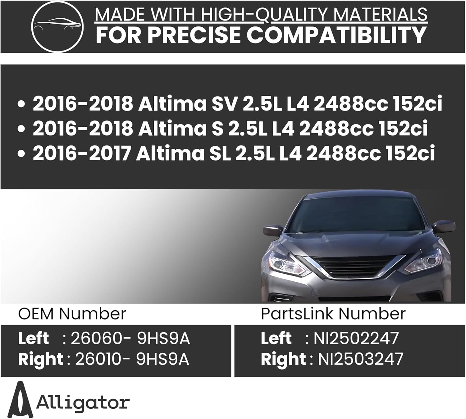 Headlight Replacement for Nissan 2016 2017 2018 Altima, Halogen Headlamp Assembly with Bulbs, Left Side/Driver Side, DOT/SAE Compliant, Partslink: NI2502247 / OEM: 26060-9HS9A