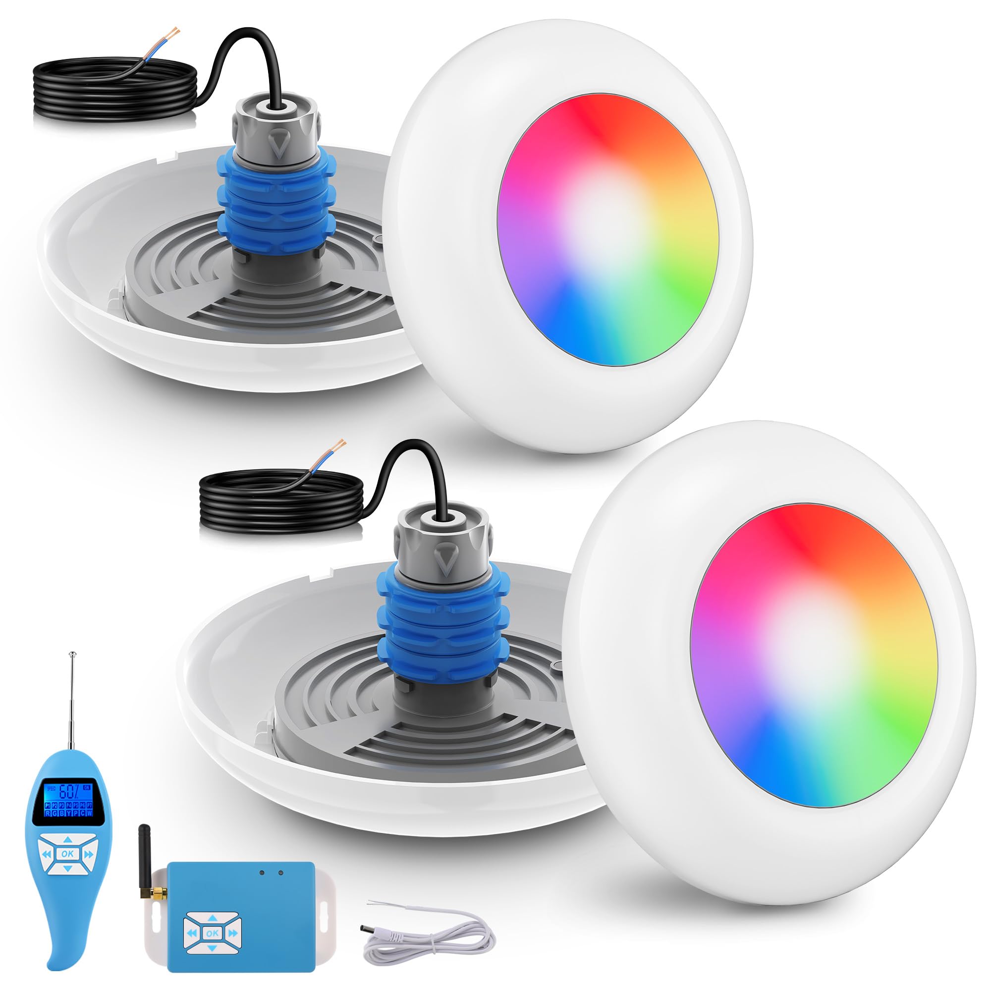 LyLmLe Foco LED Piscina con Rosca 1 1/2", 15W Proyector LED Piscina RGB Multicolor con Remoto y Controlador, Ø 190mm, 12V AC Lámpara Sumergible para Piscinas, Set 2