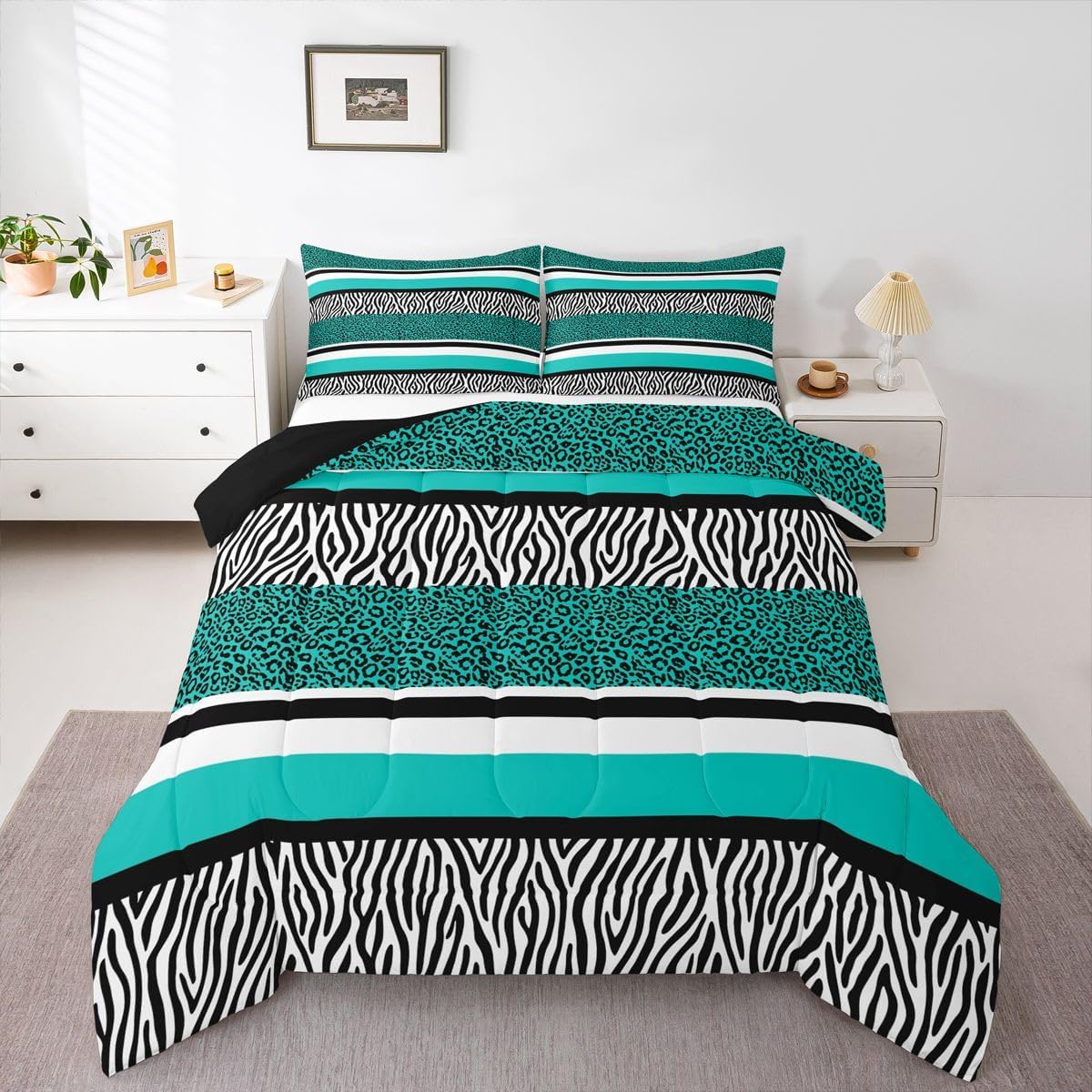 Teal Cheetah Print Comforter Set Turquoise Leopard Bedding Sets Full For Kids Adults Animal Room Decor,Black White Wild Zebra Stripes Bed Comforter Sets Safari Wildlife Quilt Duvet 2 Pillow Cases