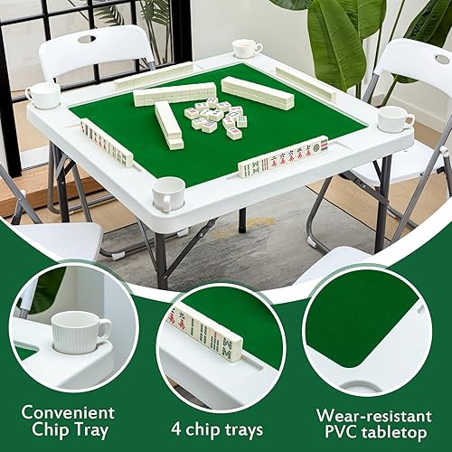 Miniatura 3 de Purpeak Mesa Mahjong plegable de 35 pulgadas para 4 jugadores con 4 sillas plegables, mesa de polietileno duradera, 4 portavasos y 4 bandejas de