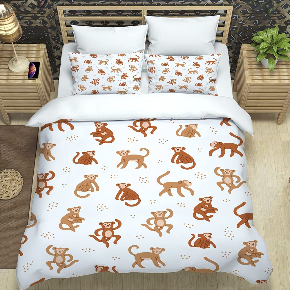 Hixingo Boys Monkey Bedding Duvet Cover Set - Soft Microfibre 3D Kawaii Animals Printed Duvet Cover With Pillow Case For Girl Single Double King Bed Quilt Cover Set (220X240cm,)