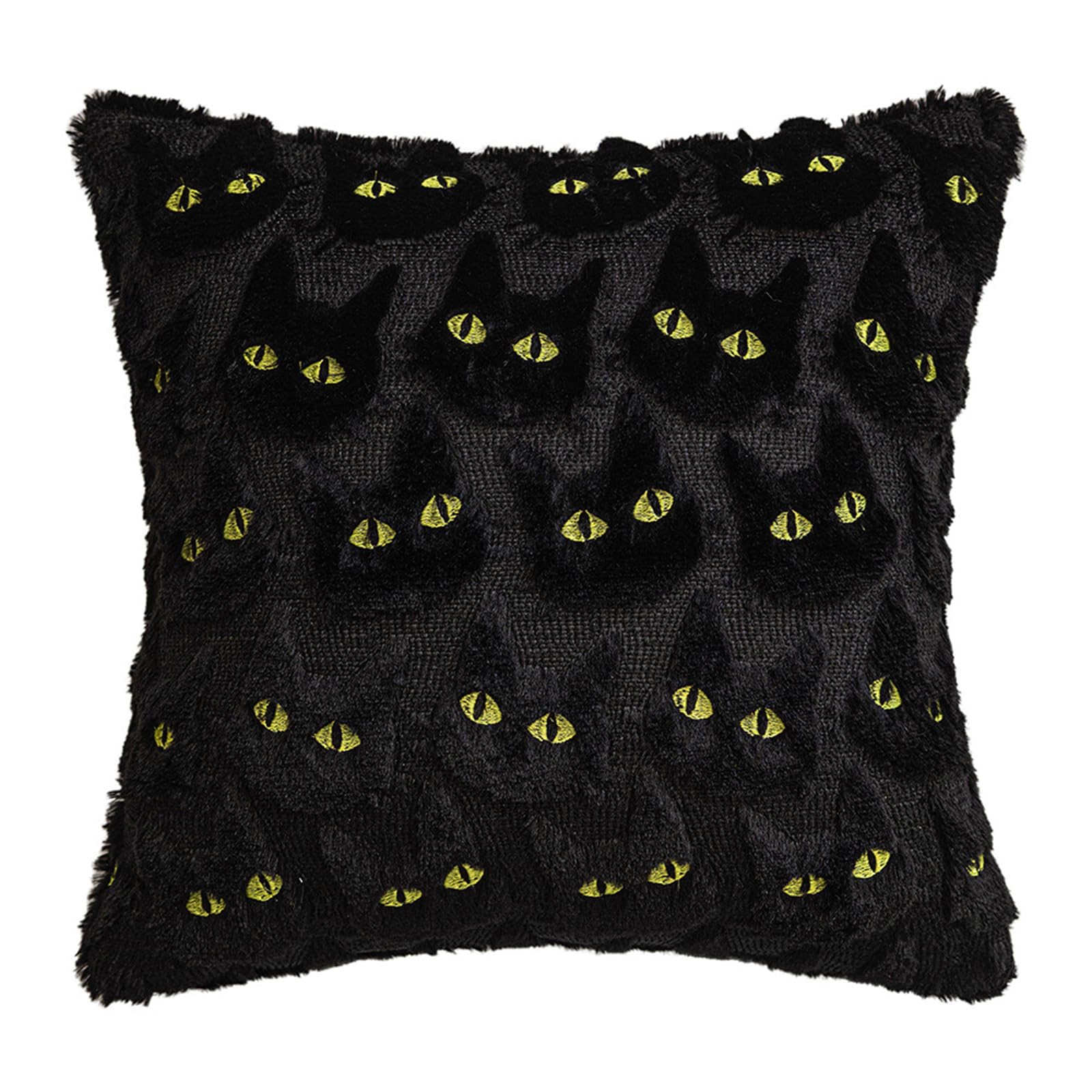 Jazuaiao Halloween Themed Plush Pillowcase Soft Faux Furs Black Cats Tufted Square Cushion Cover Home Decors for Holiday Parties Soft Black Cats Themed Cushion Cover