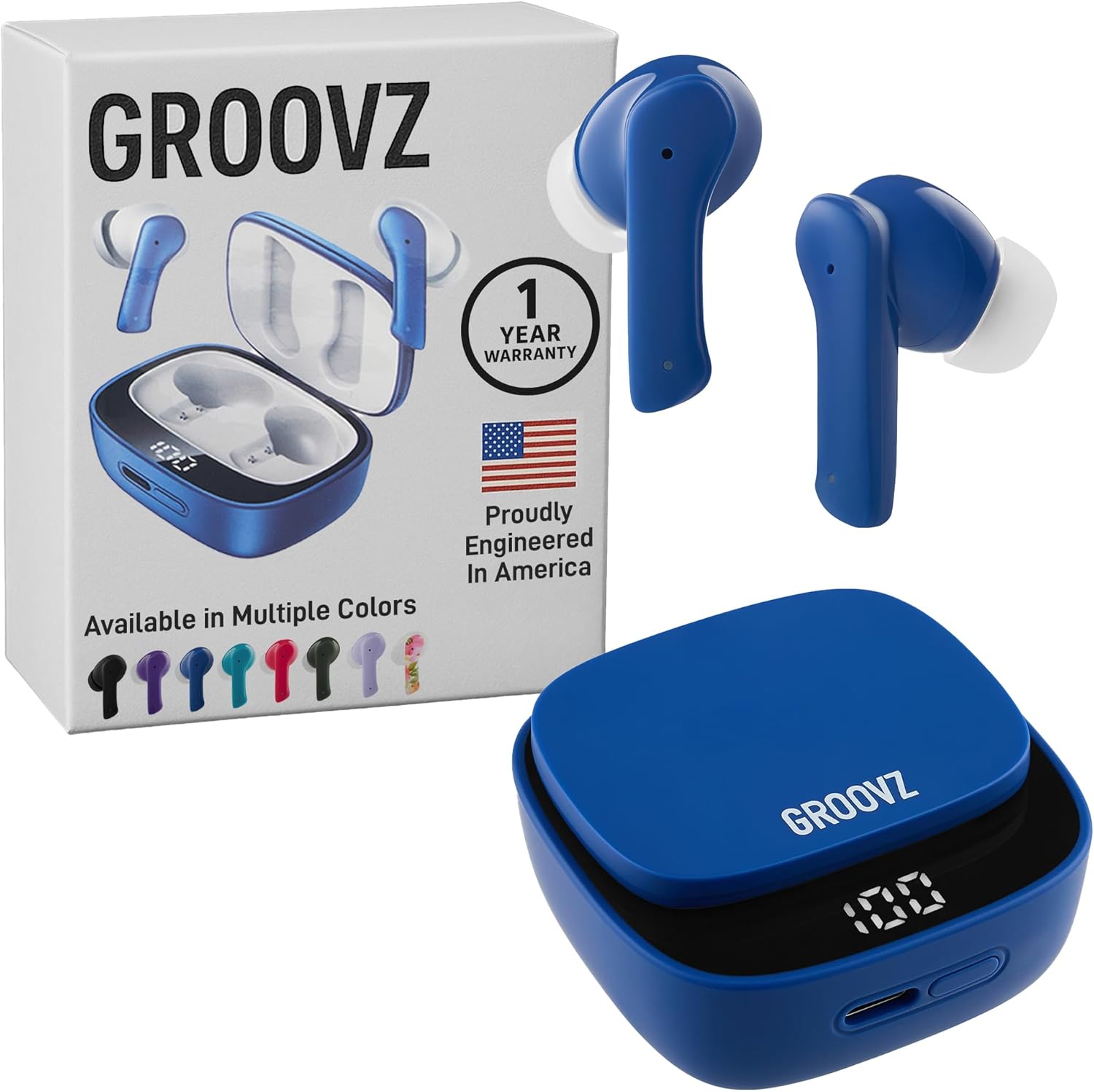 Groovz True Wireless Earbuds with Charging Case – Designed and Engineered in The USA – IPx4 Water Resistant Bluetooth Earbuds Compatible with Apple and Android – 27Hrs Battery Life – Blue