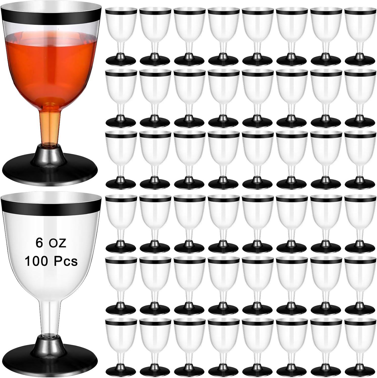 100 Pcs Plastic Wine Glasses Disposable 6 oz Rimmed Wine Cups with Stem Clear Toasting Glasses for Cocktail Champagne Parties Wedding Graduation Birthday Bachelor Party (Black)