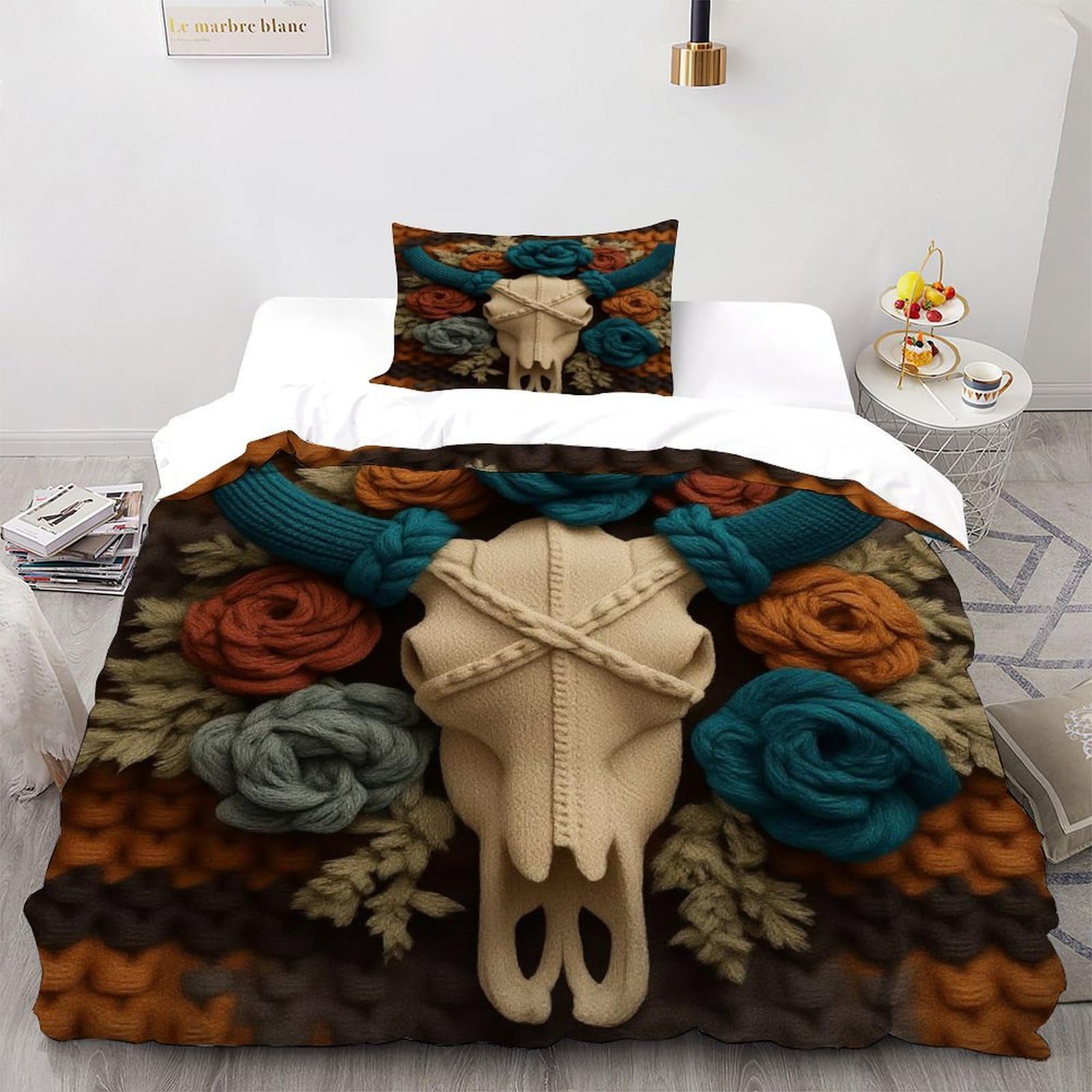 Crâne de Taureau Fleurs housse de couette 135x200 microfibre pour lit single