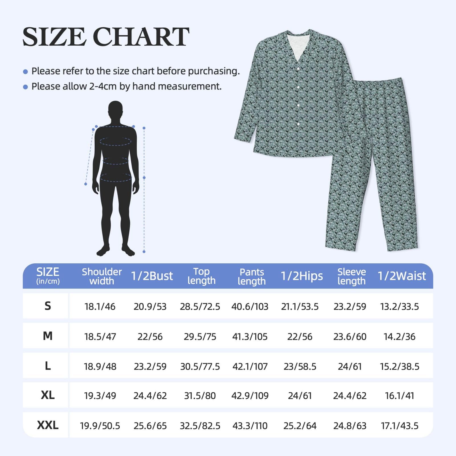 Herren-Pyjama-Set, langärmelig, Blattmuster, 2-teilig, für Zuhause, bequeme Nachtwäsche, Minzgrau