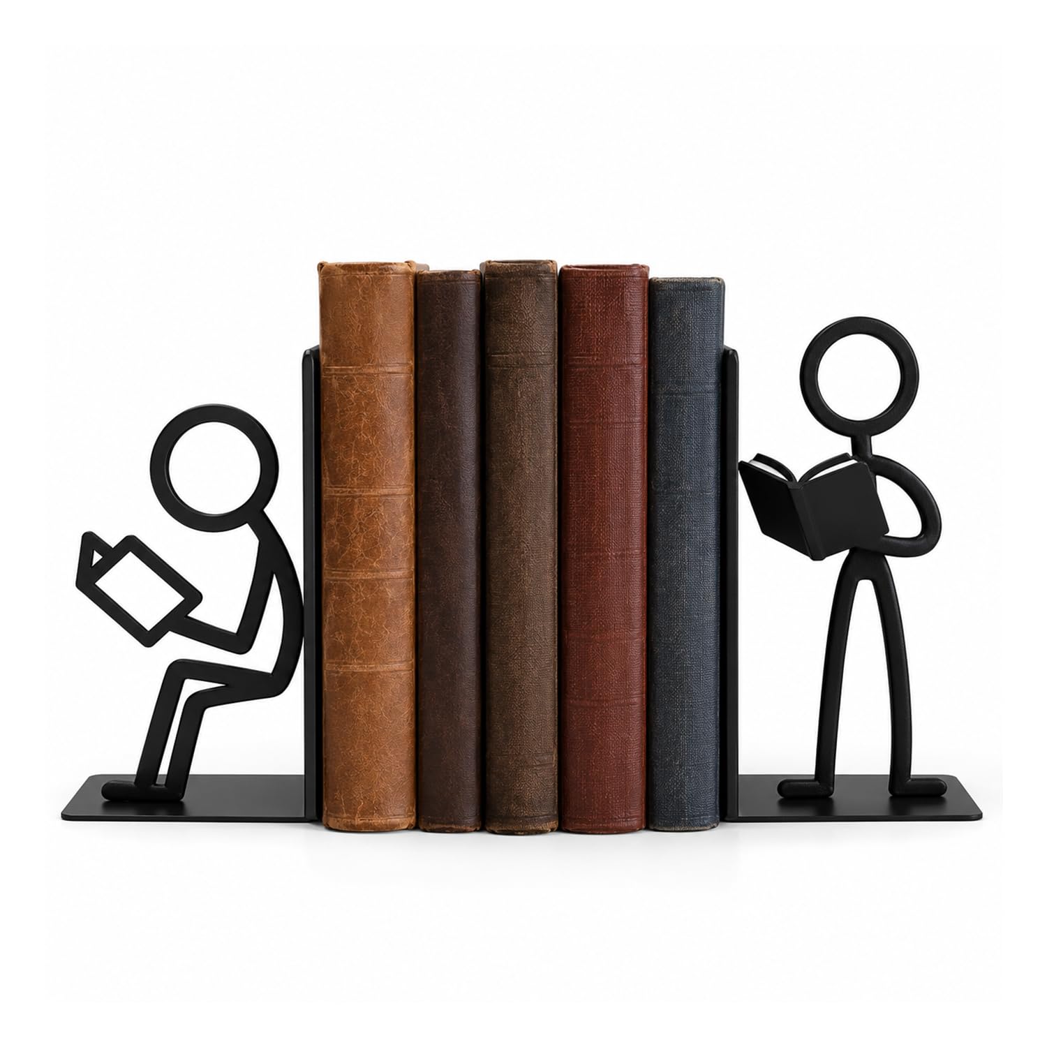 1 Pair Book Ends for Shelves, Black Sturdy Metal Bookends, Cute Person Book Stopper, Book Holder for Shelf Home Office Library Heavy Books, Bookworms Gift Bookshelf Accessories