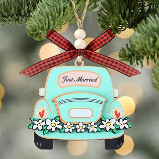 Wedding Gifts for Couples 2025 - Bride Shower Decorations Mr and Mrs Newlywed Married Couple Keepsake 2 Layer Carved Round Just Married Flower Wreath Blue Wedding Car Hanging Ornament Gift