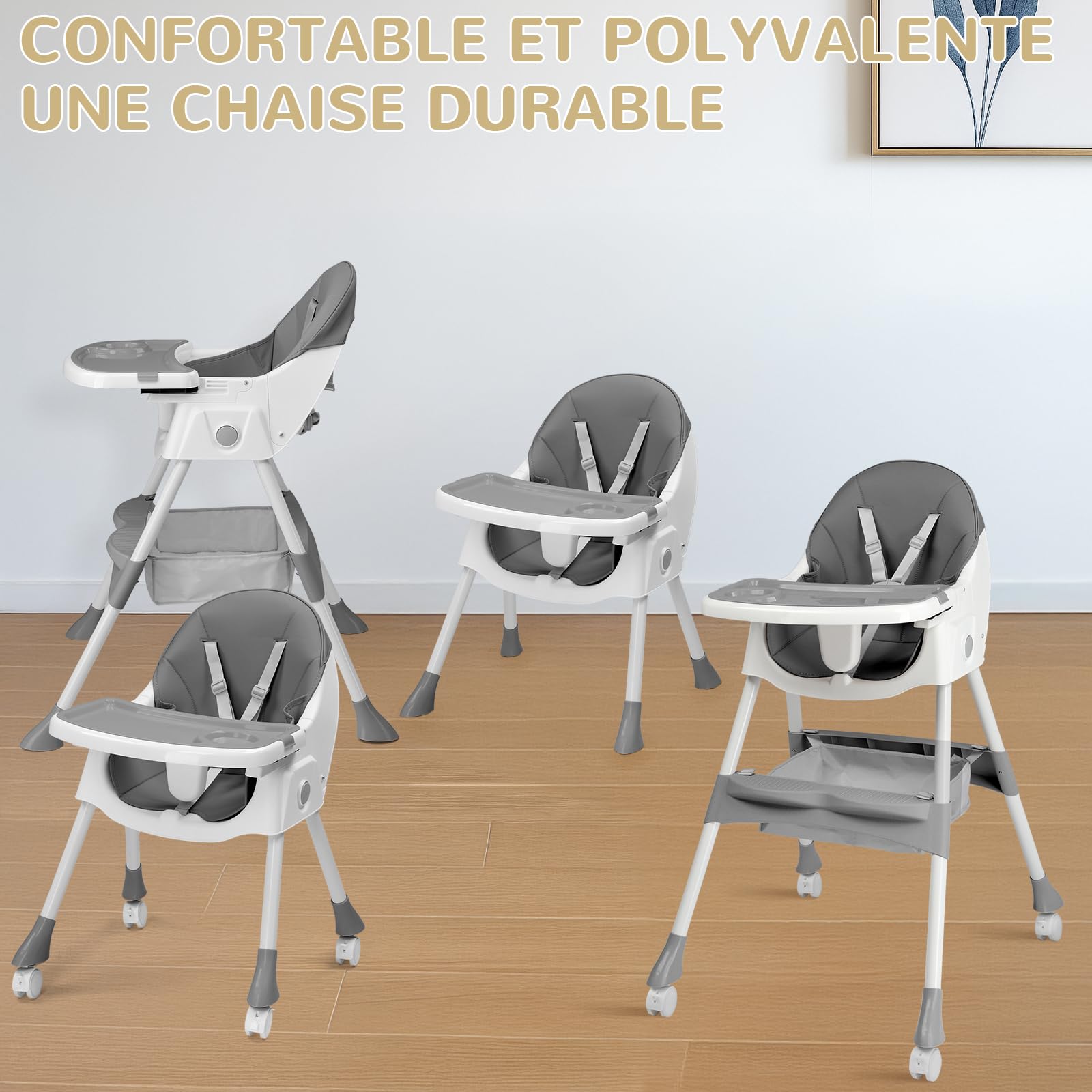 LEADZM 2 en 1 Chaise Haute Bébé Pliable, 3 Angles Réglables, Double Plateau Amovible, avec Roues Universelles et Panier de Rangement, Charge Maximale 15 kg, Bébés Âgés de 6 à 36 Mois (Gris)