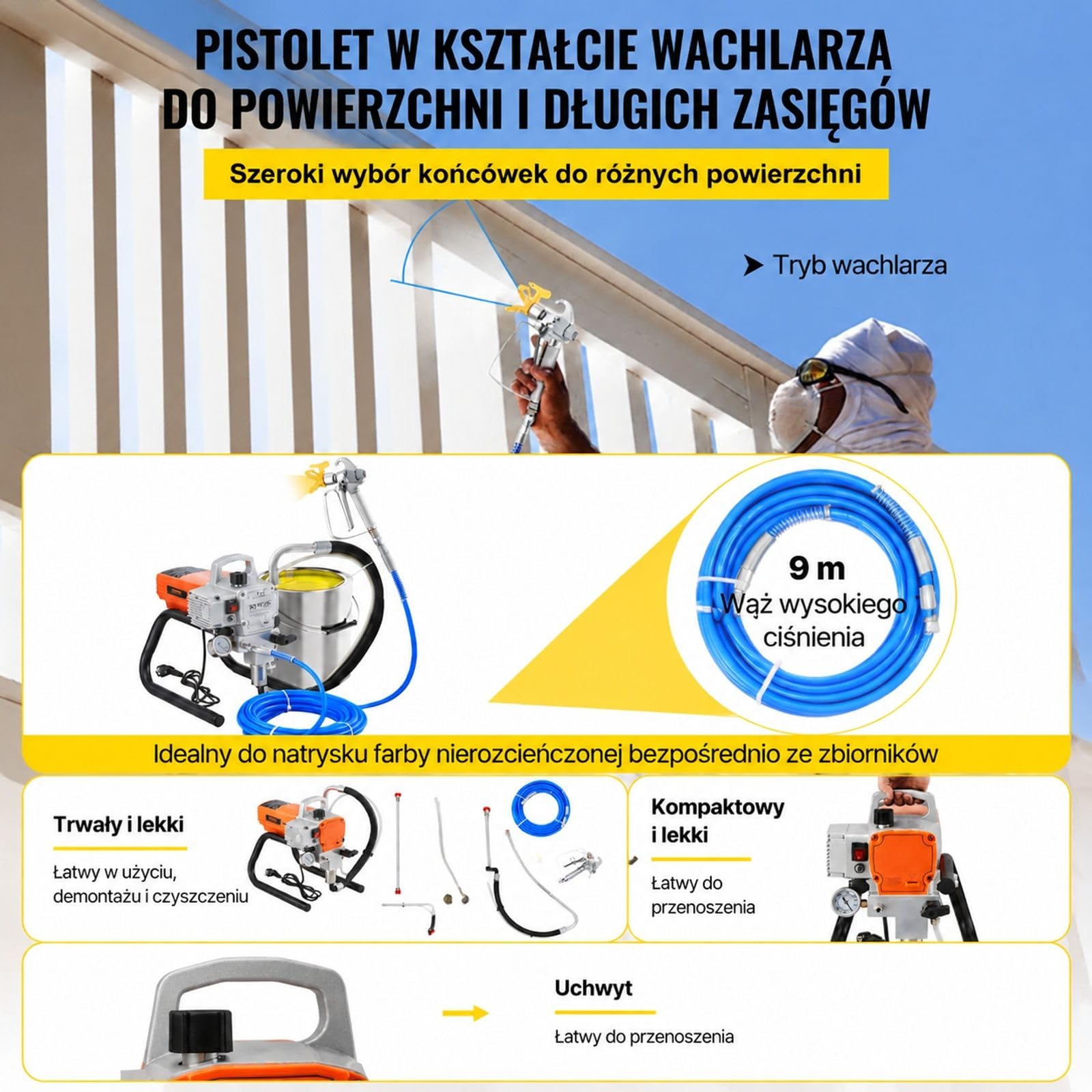 Bezpowietrzny agregat malarski 1800 W, 3000 PSI, 1,8 L/min z pistoletem, wężem, regulacją ciśnienia do ścian, sufitów, drewna, metalu