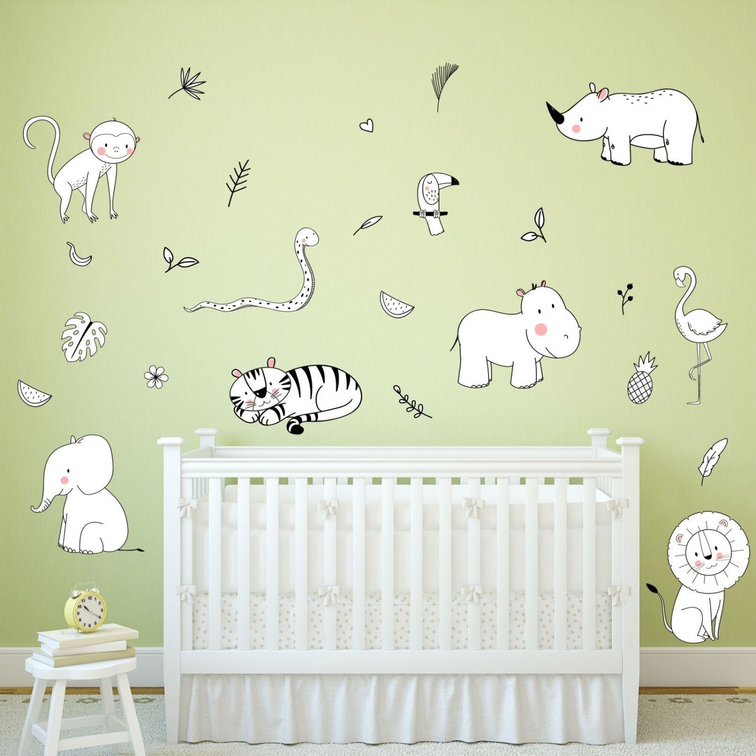 nikima 127 - Adhesivo de pared para habitación infantil, diseño de animales de la jungla, color blanco y negro, tamaño 1250 x 700 mm