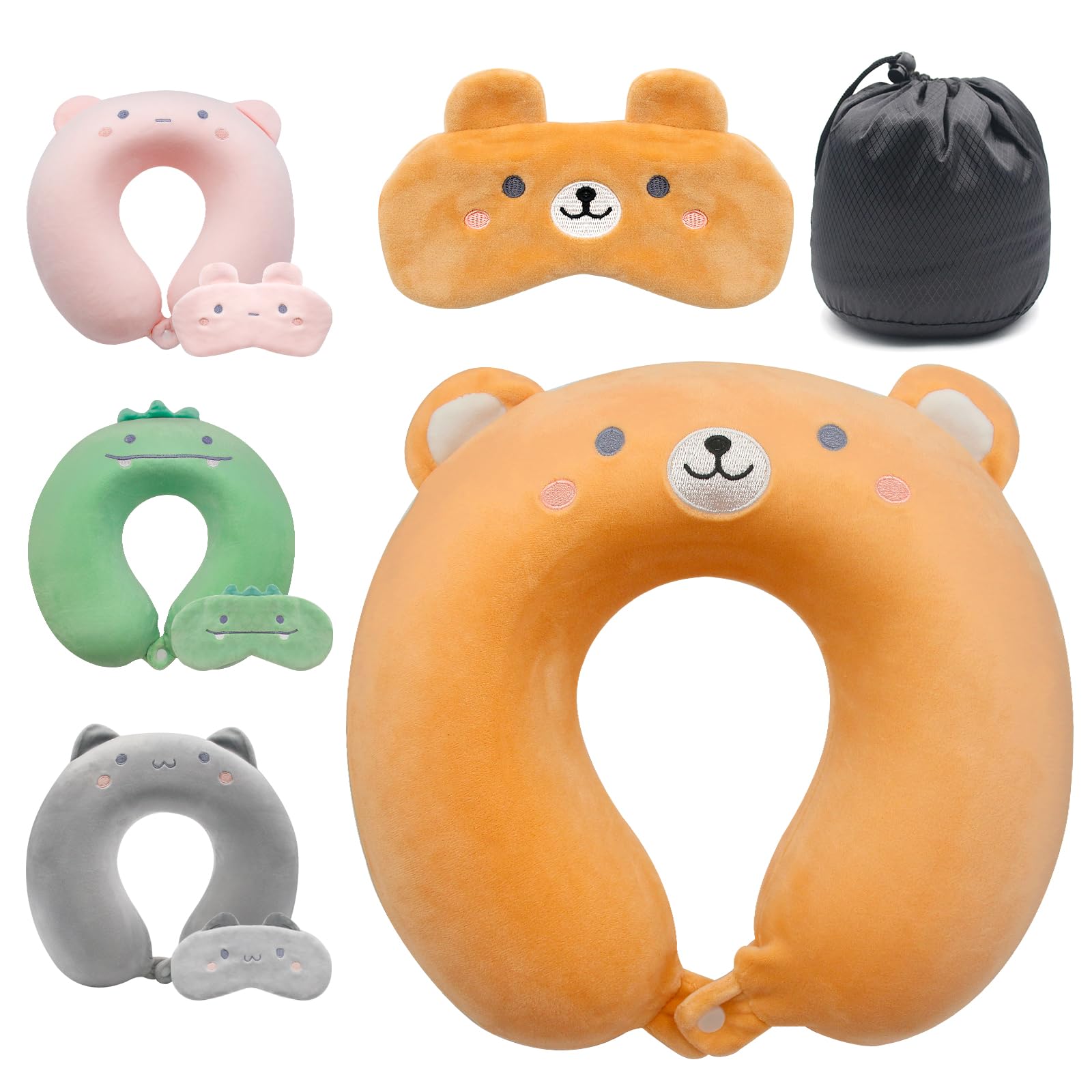 Lookka Travel Pillow, Cute Neck Pillow for Kid, Memory Foam Neck Support Pillow(Washable Cover) with Cute Eye Mask for Sleeping Rest on Airplane Lightweight Travel Headrest