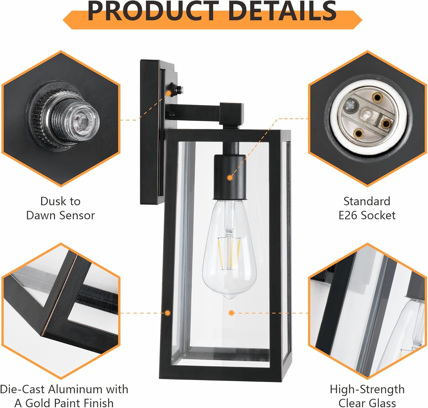 DAKAFUL 2-Pack Dusk to Dawn Outdoor Light Fixtures, Exterior Wall Lantern with Aluminum Body, E26 Base Scoket, Oil-Rubbed Bronze Wall Lighting, Modern Wall Sconce for Patio Front Porch Garage.