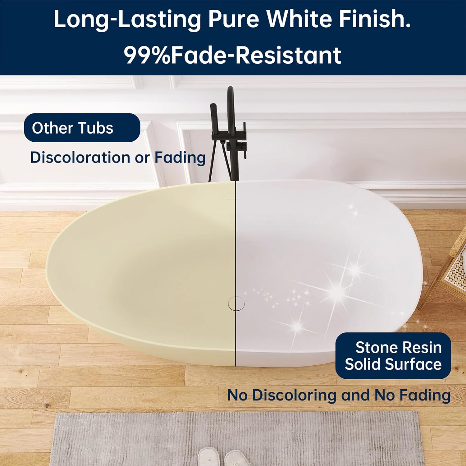 59" Stone Resin Freestanding Bathtub, Oval Solid Surface Bathroom Freestanding Tub, Thin Edge Stand Alone Tub with Integrated Slotted Overflow and Pop-up Drain, Matte White 302-150
