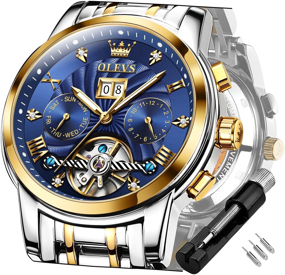 Automatic Watches for Men Diamond Skeleton Mechanical Tourbillon Self Winding Luxury Dress Wrist Watches Calendar Luminous Waterproof