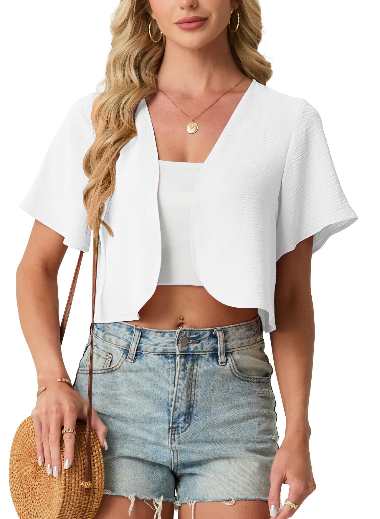 GRECERELLE Womens Summer Lightweight Cropped Cardigan Shrug Short Sleeve Open Front Casual Bolero Cover Ups