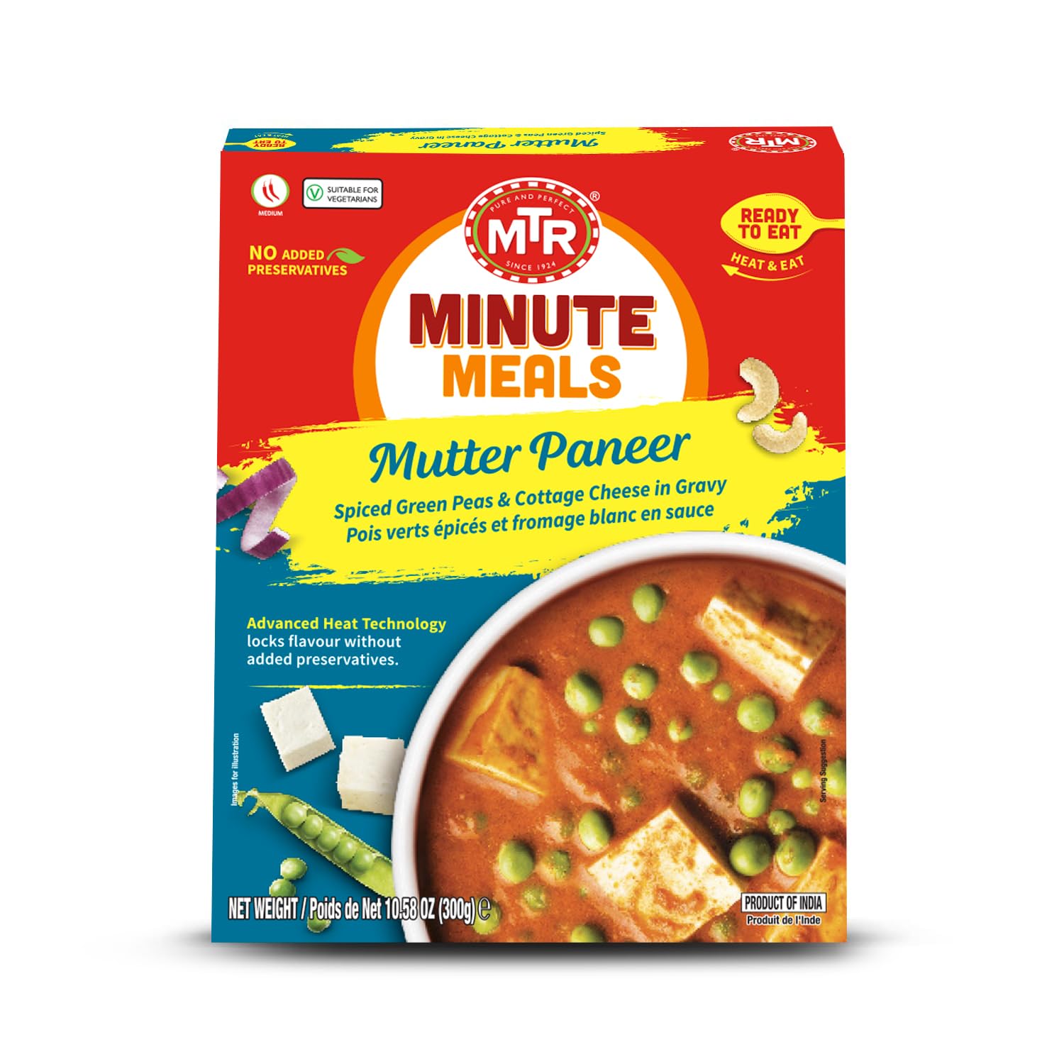 MTR - Minute Meals: Mutter Paneer - Spiced Green Peas & Cottage Cheese in Gravy - Tasty Indian Meal with No Added Preservatives - A Quick Meal Suitable for Vegetarians, Ready in Minutes! (Pack of 6)