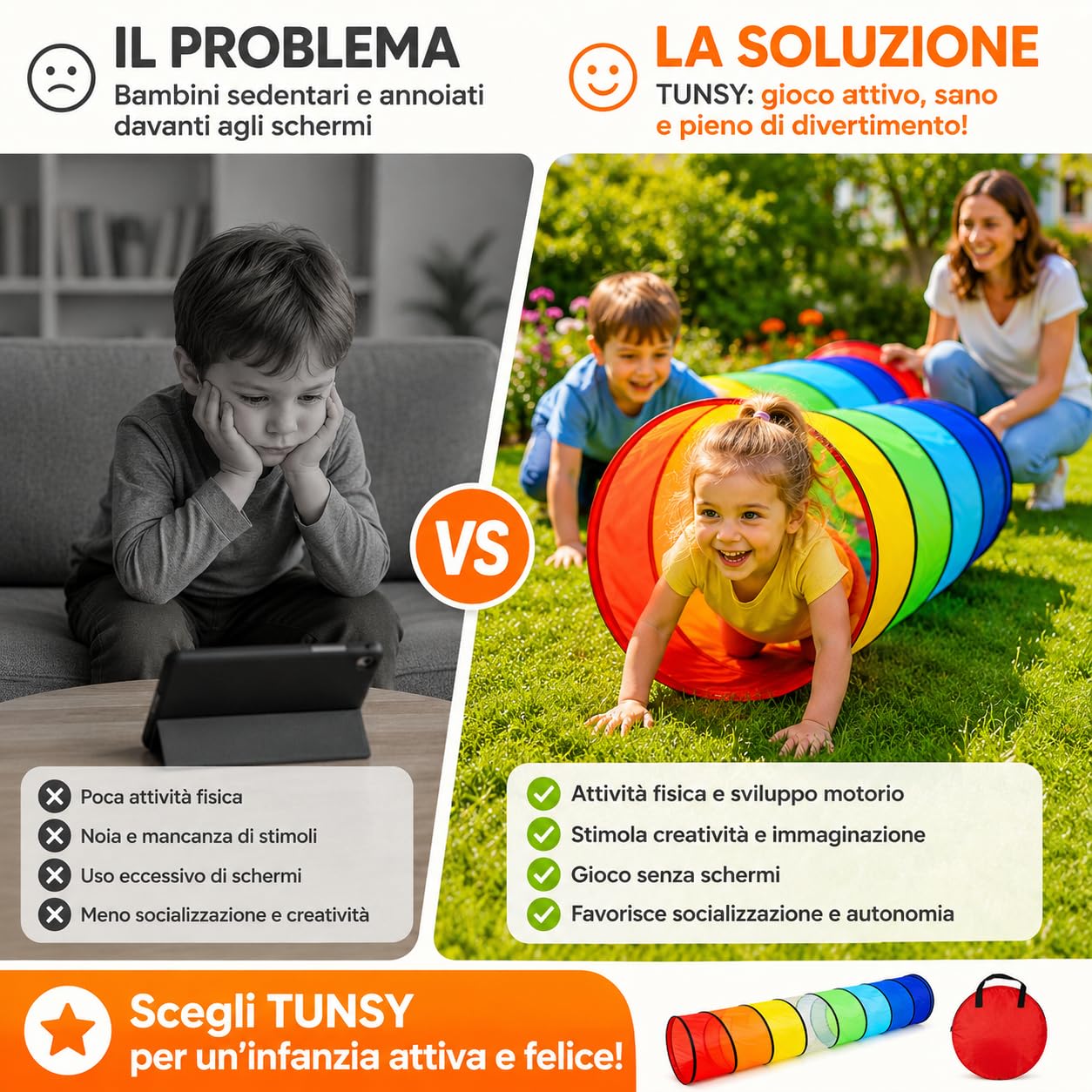 TUNSY Tunnel Strisciare per Bambini, Tessuto Traspirante e Resistente con Inserti in Rete, 180x45x45 cm, Arcobaleno, Leggero e Pieghevole, Montaggio Senza Attrezzi