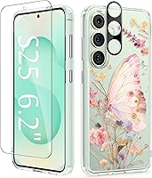 Vista 22 de GVIEWIN Funda protectora para Samsung Galaxy S25, transparente floral, delgada, a prueba de golpes, para mujer, no se pone amarilla, con protector