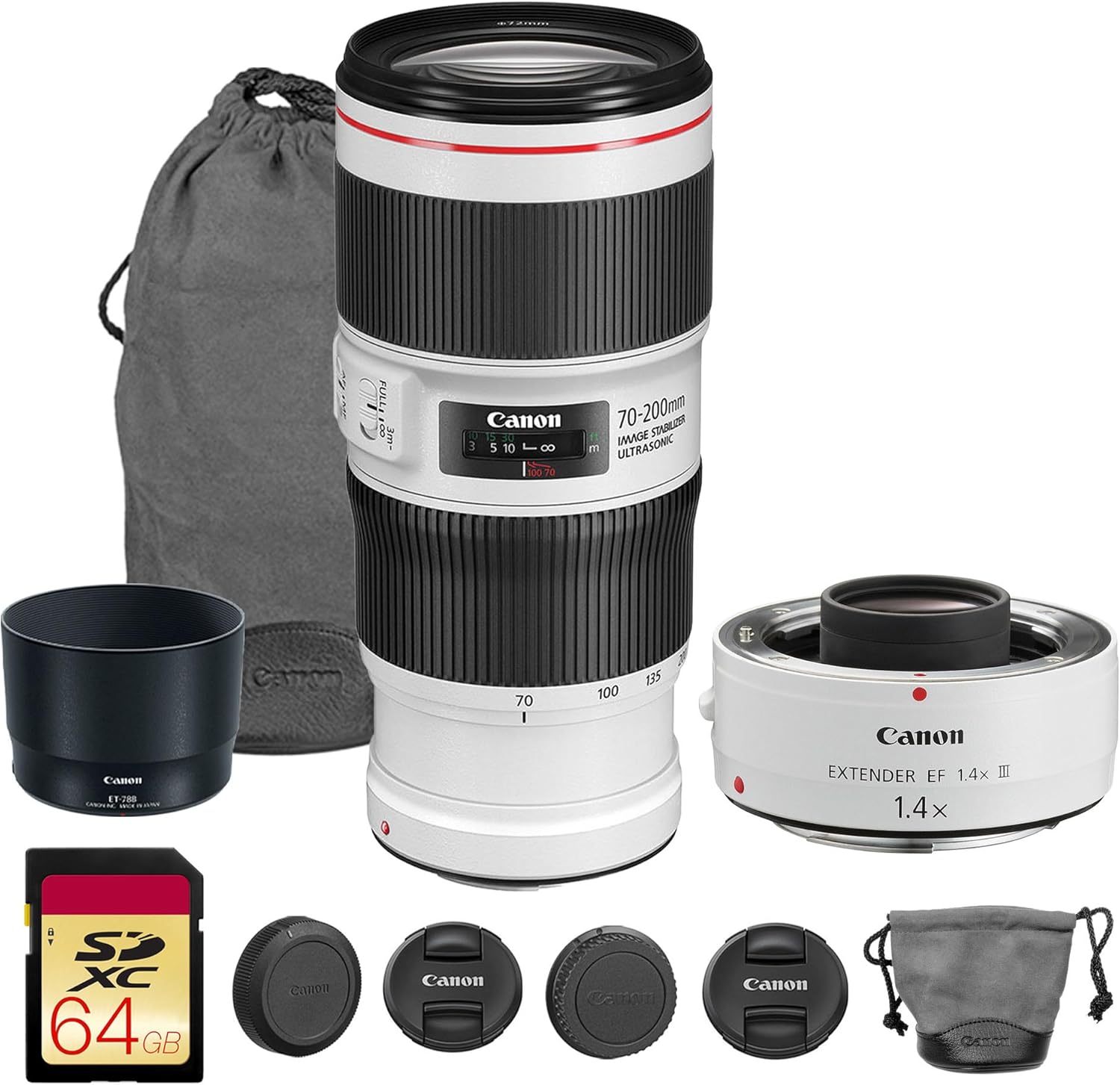 Canon EF 70-200mm f/4L is II USM Lens | L-Series Telephoto Zoom with Image Stabilization & Fast Autofocus | for Sports, Wildlife, & Portrait Photography (2309C002) + Extender EF 1.4X III, 64GB Card
