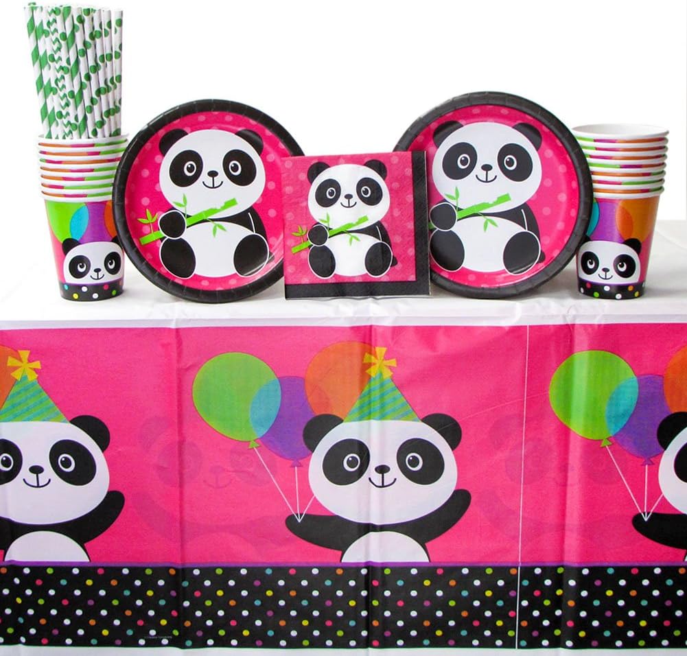 Panda-Monium Panda Party Supplies Pack for 16 Guests Includes: Straws, Dessert Plates, Beverage Napkins, Cups, and Tablecover (Bundle for 16)