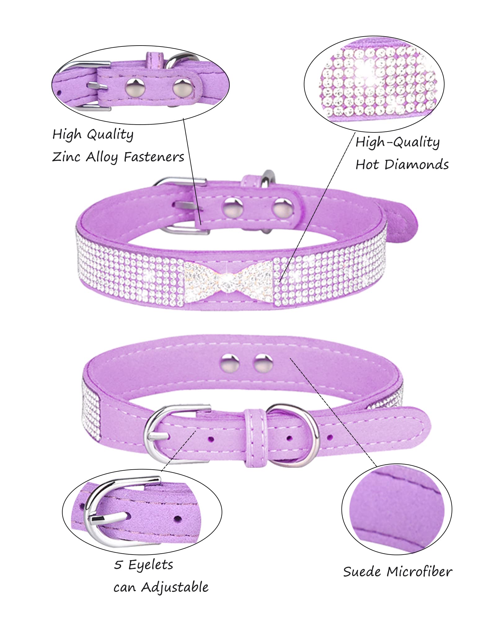 Hundehalsband für kleine Hunde, Verstellbares Leder Wildleder Bling Hundehalsbänder, Rosa Hundehalsband Katzenhalsband, Strass Hundehalsband (XS, lila4)