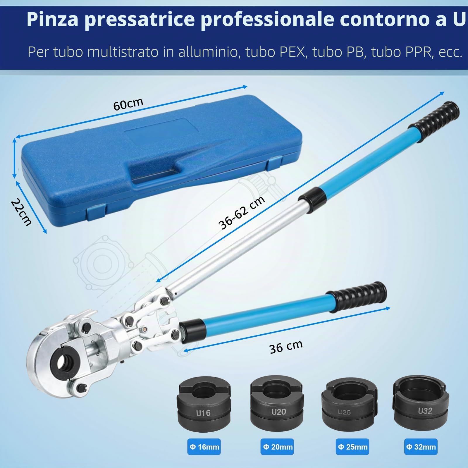 Pinza per Serra Multistrato, Pressatrice Tubi Multistrato, Crimpatrice Multistrato, 4 Matrici U 16-20-25-32 mm, con Testa Girevole a 360°, Maniglia Retrattile, per Tubo PEX, Tubo Composito