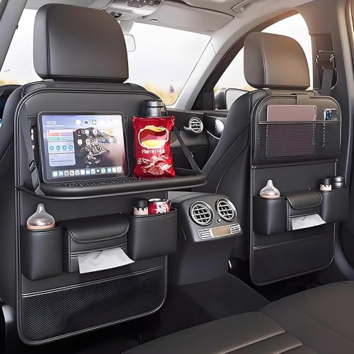 Paquete de 2 organizadores universales plegables para asiento trasero de automóvil con bandeja de mesa, protector de respaldo de asiento de