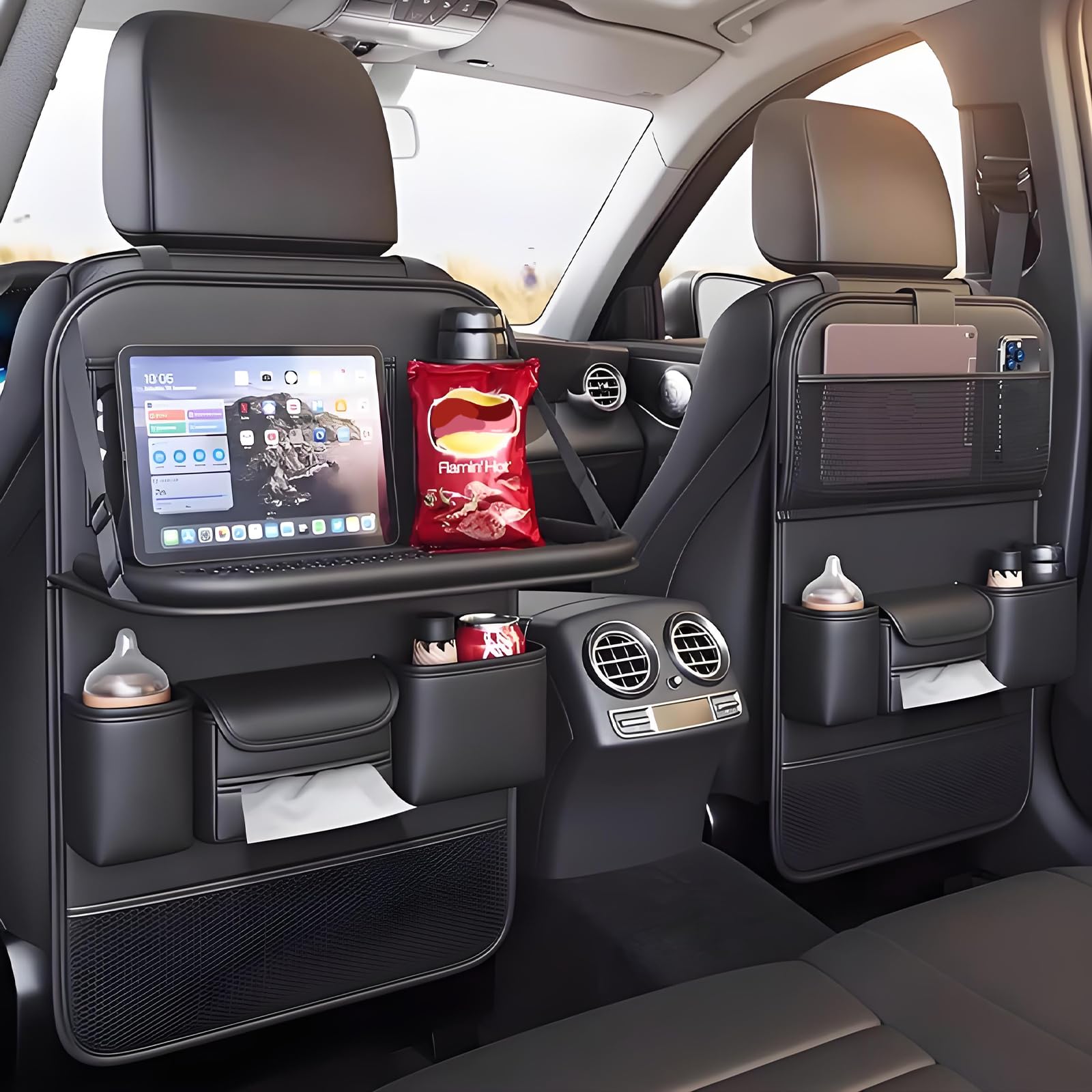 Photo 1 of **SEE NOTES***FASTAGEI 2 Pack Universal Foldable Car Backseat Organizer with Table Tray, Car Seat Back Protector with Touch Screen Phone Holder, Premium Leather Kick Mats with Storage Pockets Tissue Box (Black)