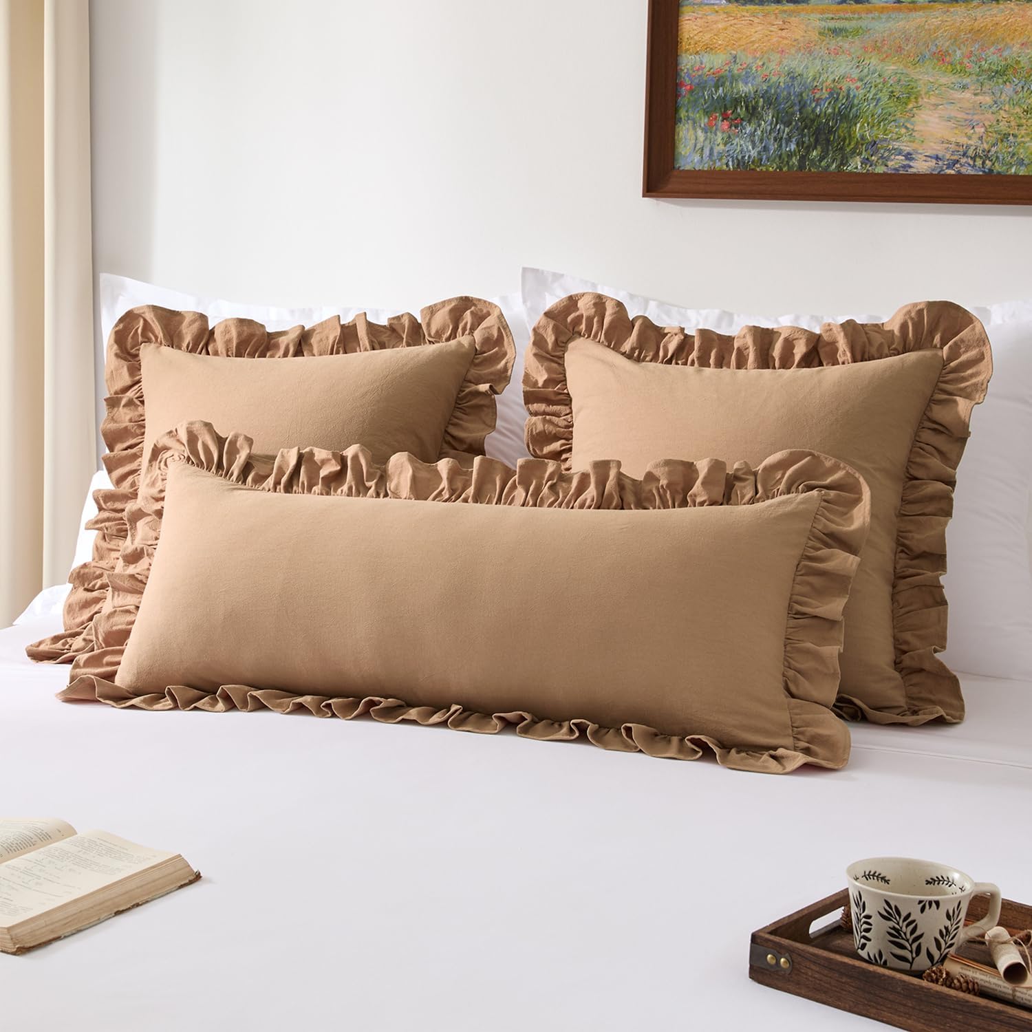 Kevin Textile 14x36 Inch Long Lumbar Pillow Cover 1 Pack 100% Cotton Lace Ruffles Scalloped Decorative Rectangle Cushion Case Soft Body Pillow for Bedding Couch Sofa, Coco Brown