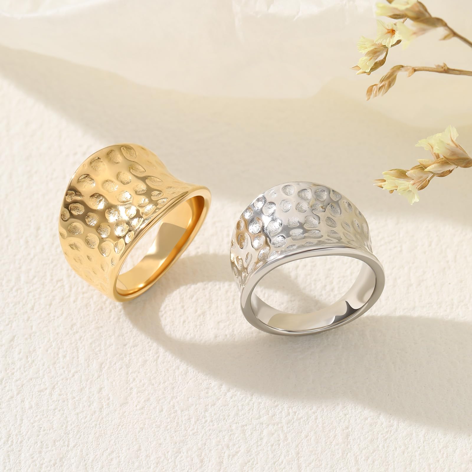 Anillos de banda martillada ancha para mujeres y hombres, chapado en oro de 14 quilates, pulir grande, índice de dedo completo, tamaño 5-10 (oro y plata), Metal, Sin piedras preciosas 3