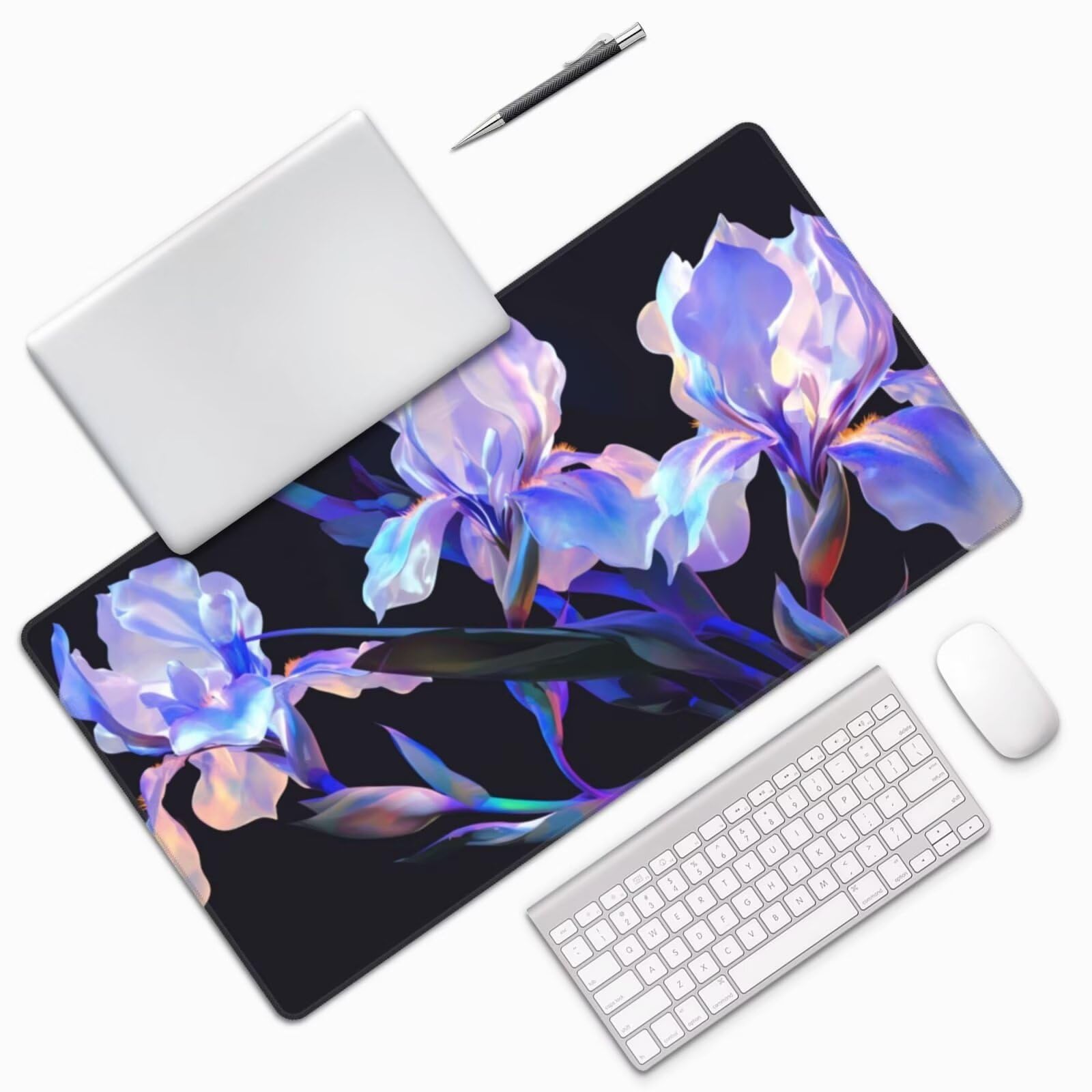 Gaming Mauspad XXL 900x500x3mm Mousepad Verlängertes Groß Mauspad Schreibtischauflage,Genähte Kanten rutschfeste Gummibasis,Verbessert Präzision Geschwindigkeit Home Office Blaue lila Blumen L-4584