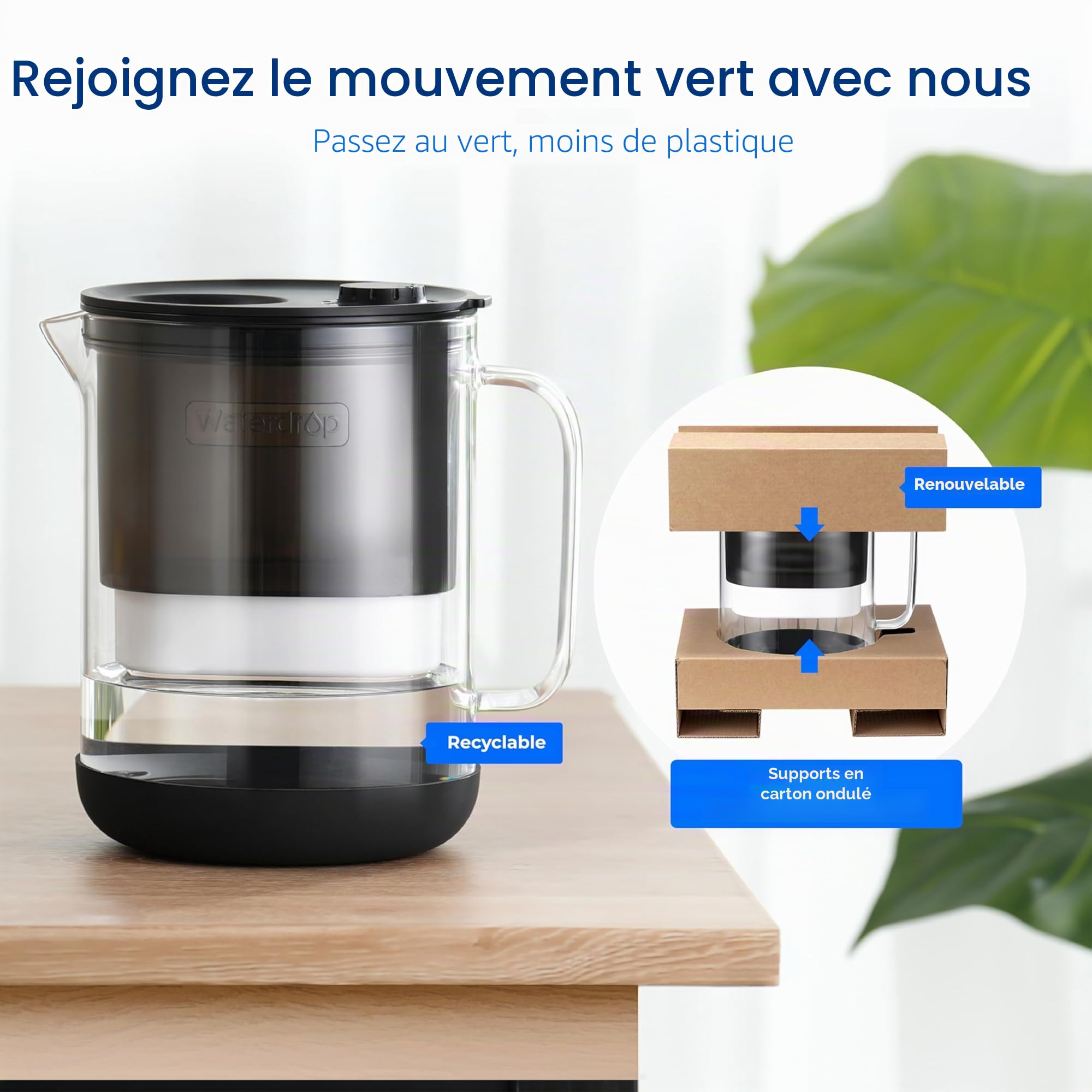 Waterdrop Carafe Filtrante en Verre de 2,5L avec Filtre de 2 Mois, Certifié NSF 53&42&372, Réduit les PFOA/SPFOS, Chlore, Cadmium, Cuivre, Mercure, WD-PT-72B