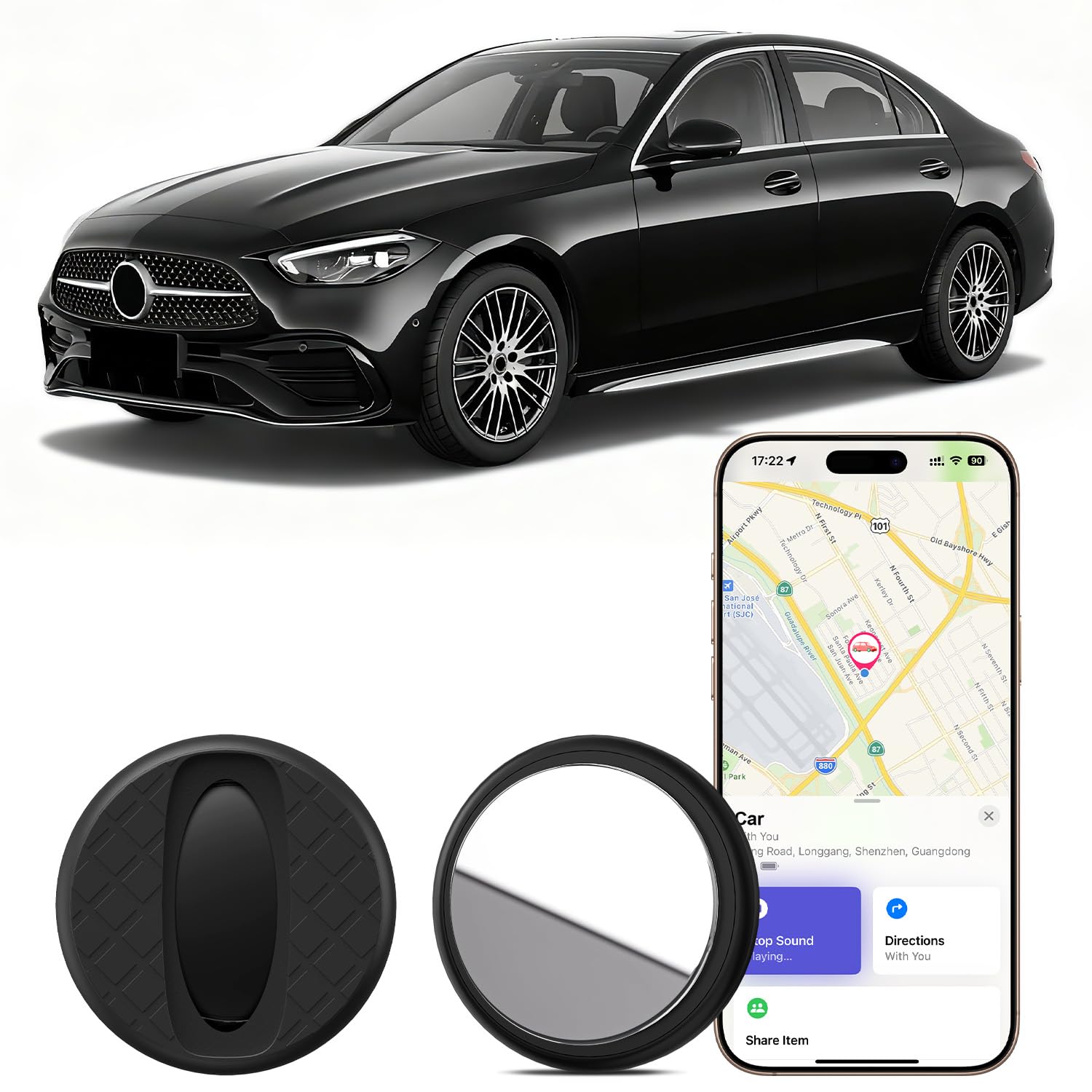 GPS Coche Localizador, Localizadores GPS Sin Suscripción Compatible con Find My de A-pple (Sólo iOS), IP65 Impermeable, Seguimiento Global en Tiempo Real, para Coches, Bicicletas y Mascotas (Negro)