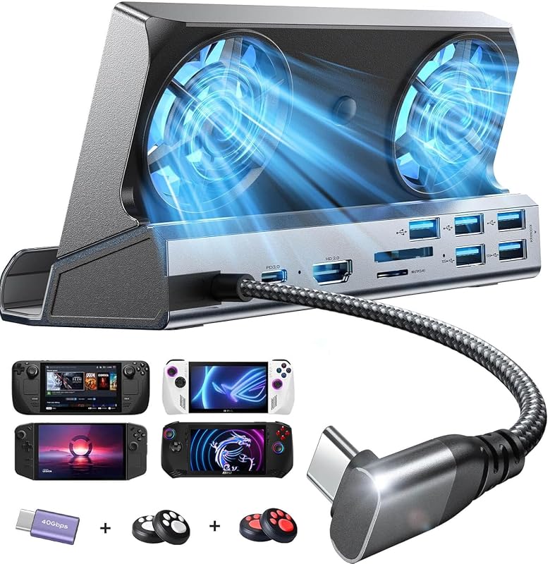 LISEN 13-in-1 Dokkoló Steam Deck/Legion Go/ROG Ally/MSI Claw Konzolokhoz - Kettős Hűtőventilátorral, 4K HDMI, 5 USB Port, Gigabit Ethernet,