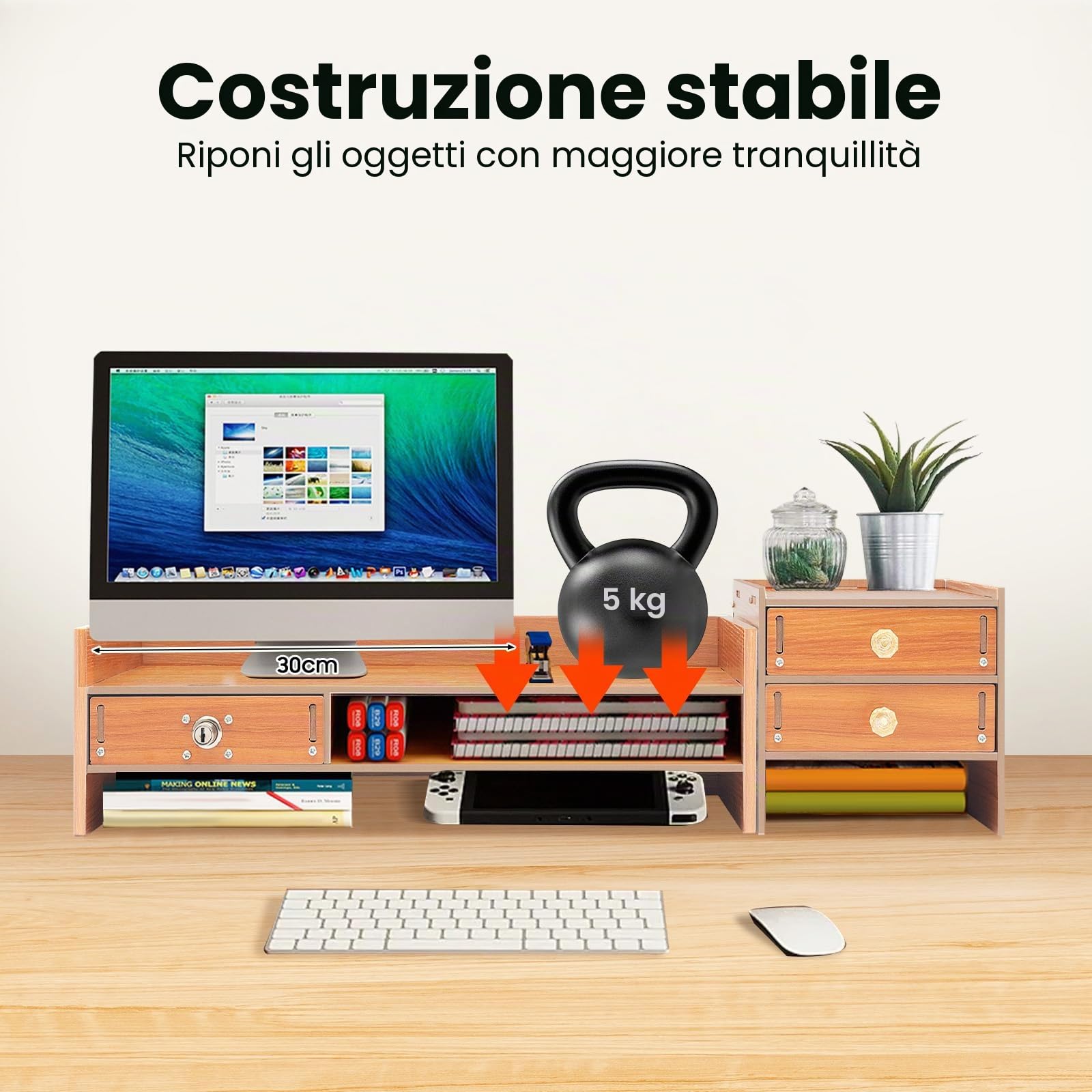 Supporto per monitor in legno, con 3 cassetti con serratura, altezza dello schermo, supporto da scrivania, angolo girevole di 180 gradi