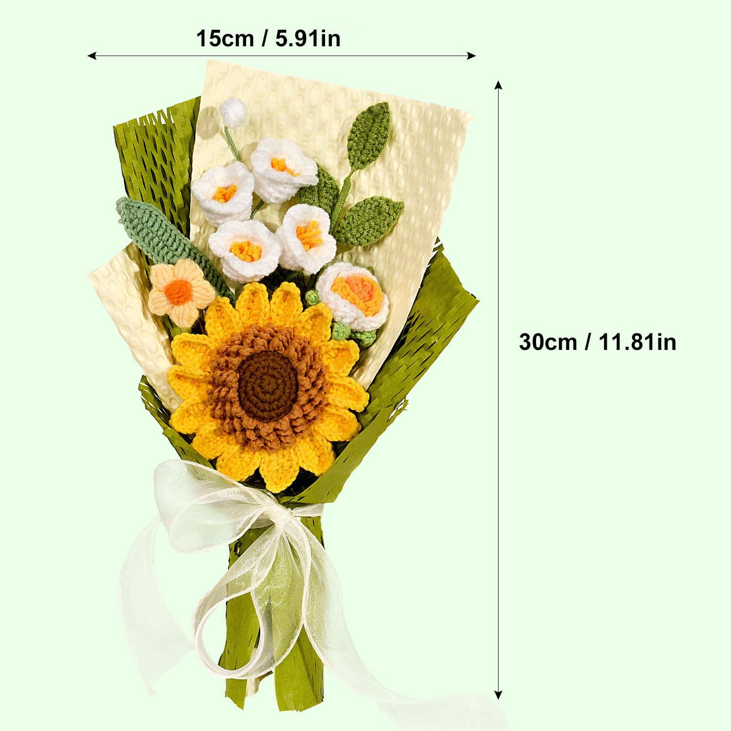 Handmade Crochet Sunflowers Bouquet, Crochet Bouquet of Flowers for Graduation, Mothers Day, Fathers Day, Birthday, Anniversary, Teachers, Retirement, Home Décor (Single-layer w/Seeds, Green)