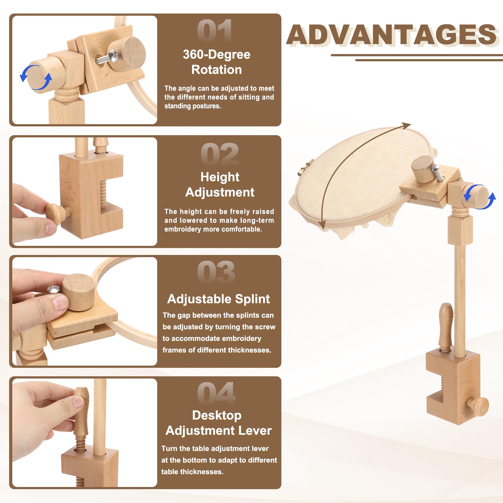 PATIKIL Soporte de aro de bordado, soporte de punto de cruz de madera de haya giratoria ajustable para manualidades, costura, proyectos de costura, con aro de bordado de 8 pulgadas