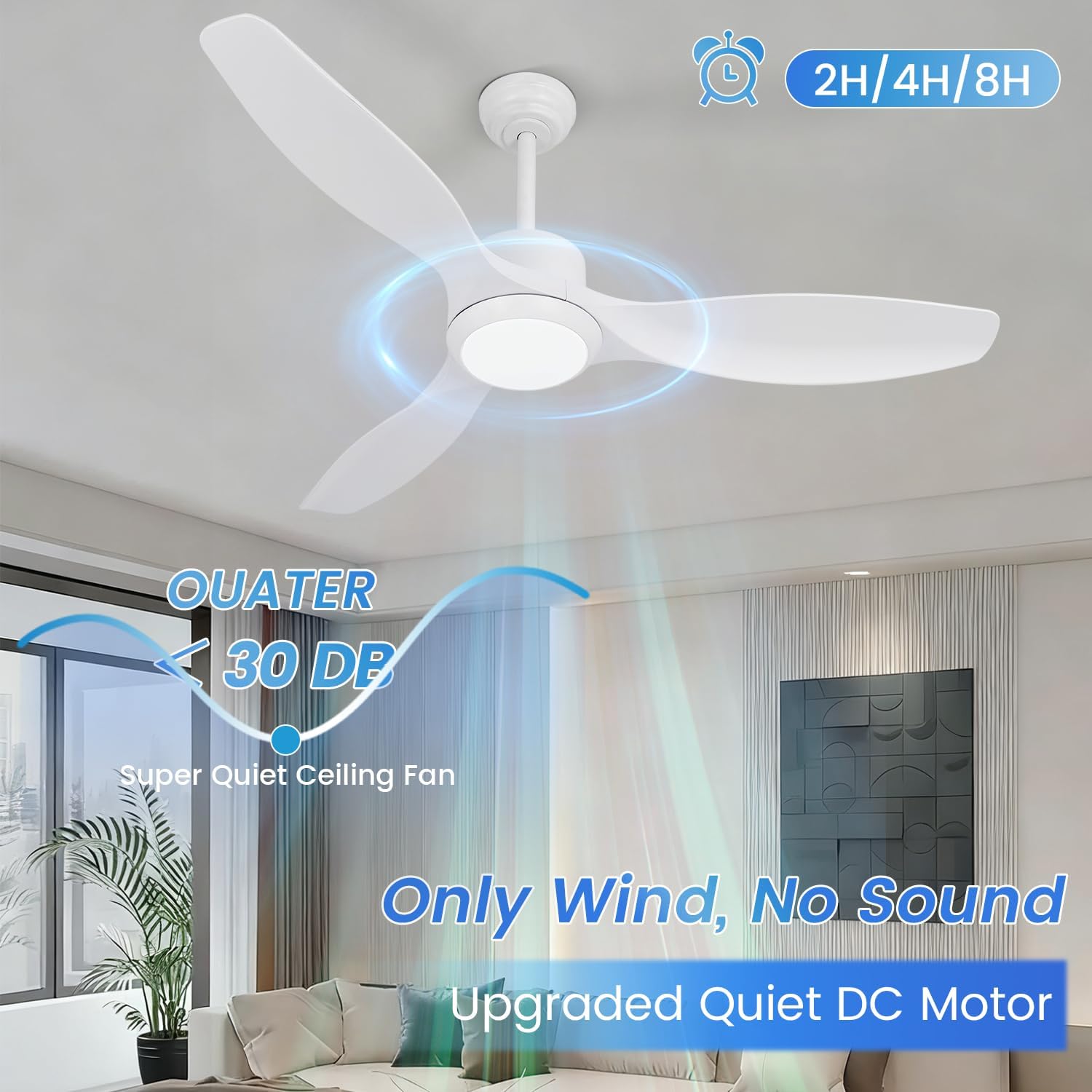 White Ceiling Fan with Light, 52" Outdoor Ceiling Fans with Lights and Remote, 3 Color Light, 6 Speed, DC Motor, for Bedroom/Outdoor/Patios, White