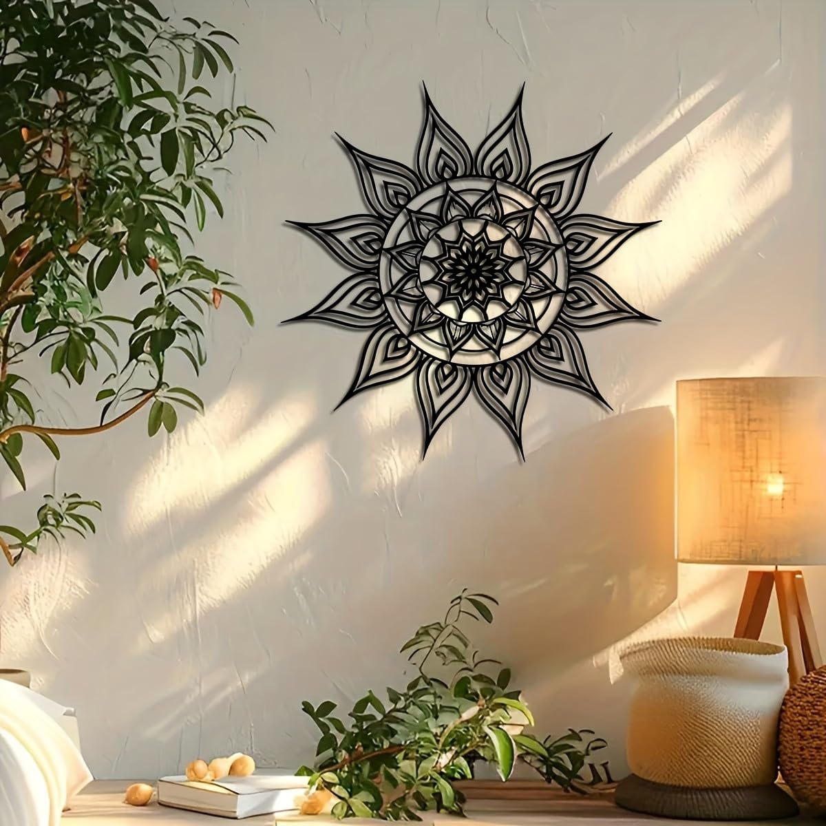 Decoración de pared abstracta contemporánea de metal, gran mandala solar, arte de 40 cm, hierro negro estilo boho con motivos florales, decoración moderna para interiores y exteriores, ideal para