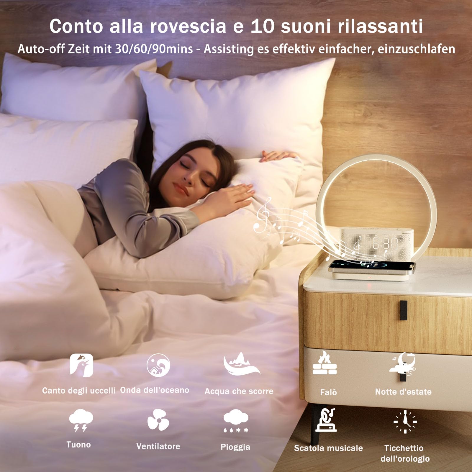 blonbar Lampada da comodino con sveglia luminosa, Wake Up Light, 10 W Wireless Charger, Touch dimmerabile con 3 livelli di luminosità, suono calmante, aiuto per dormire neonati e adulti per camera da