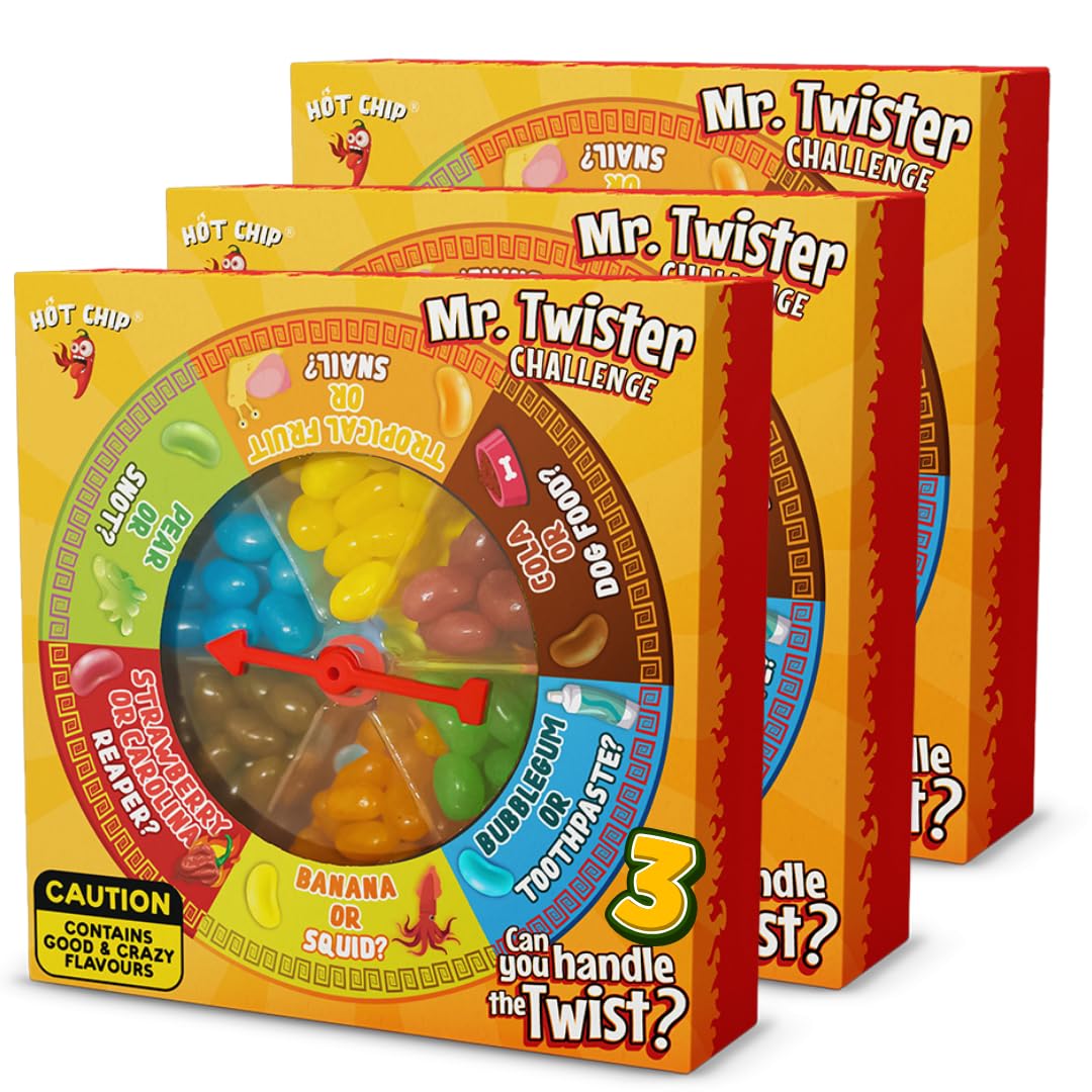 HOT-CHIP Mr. Twister Challenge Trio Pack – 3x 120g Ruleta de sabores con Jelly Beans dulces y locos – Divertido juego de fiesta con sabores sorpresa – Ideal para amigos y familia