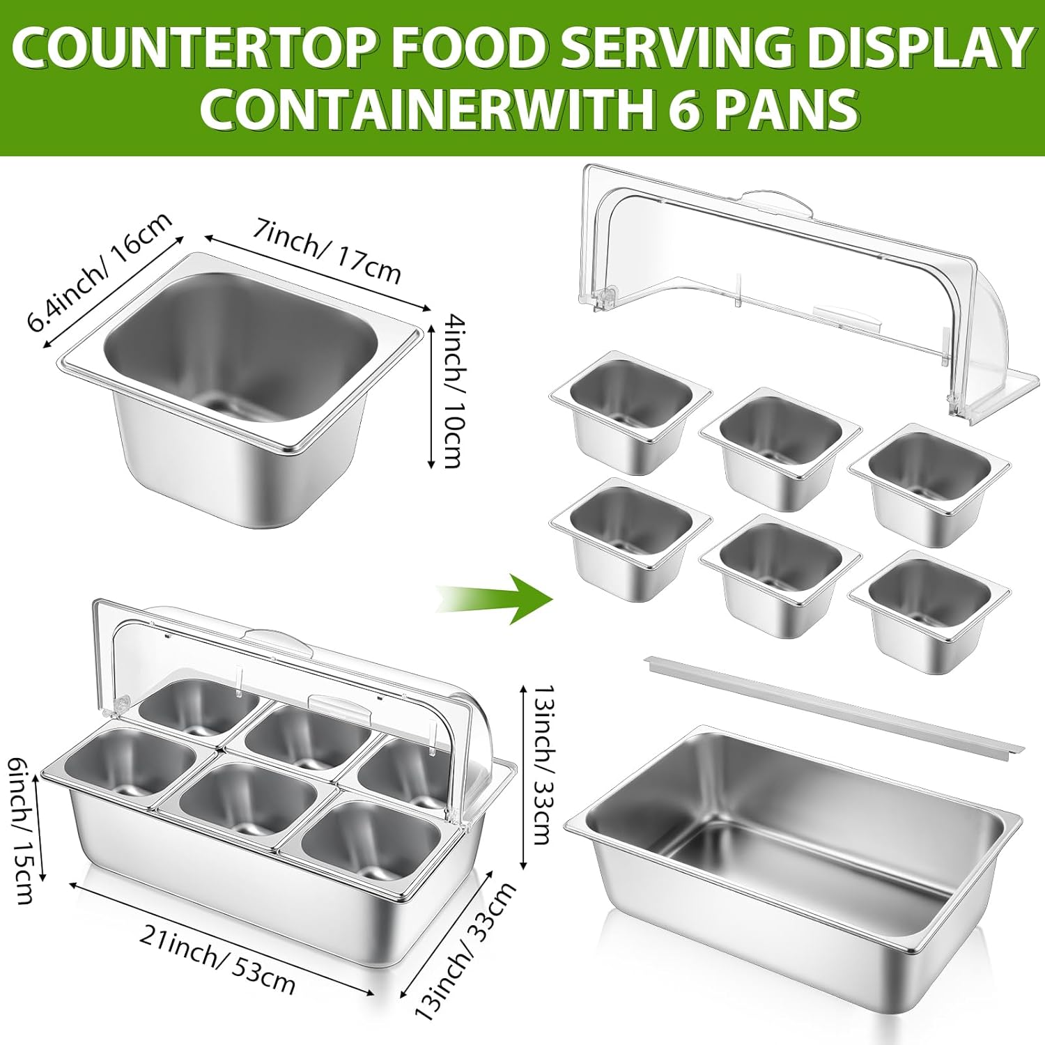 Countertop Food Serving Display Container Clear Roll Top Cover 6 Pan Stainless Steel Ice Food Buffet Server Salad Bar Pizza Topping Station Condiment Dispenser Restaurant Kitchen Party(Silver)