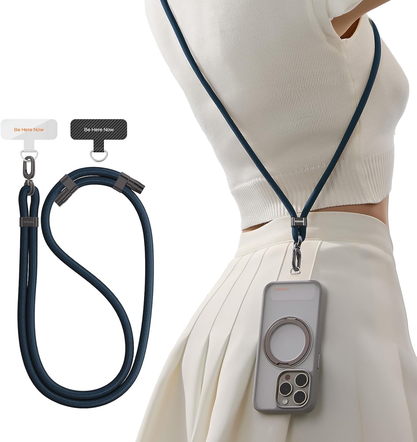 TORRAS Phone Lanyard Crossbody with 2 Phone Tabs, Adjustable Anti Theft Strap for All Cellphone, Premium Metal Buckles, Skin-Friendly, Universal Cellphone Neck lanyard for Travel Essentials, Deep Blue