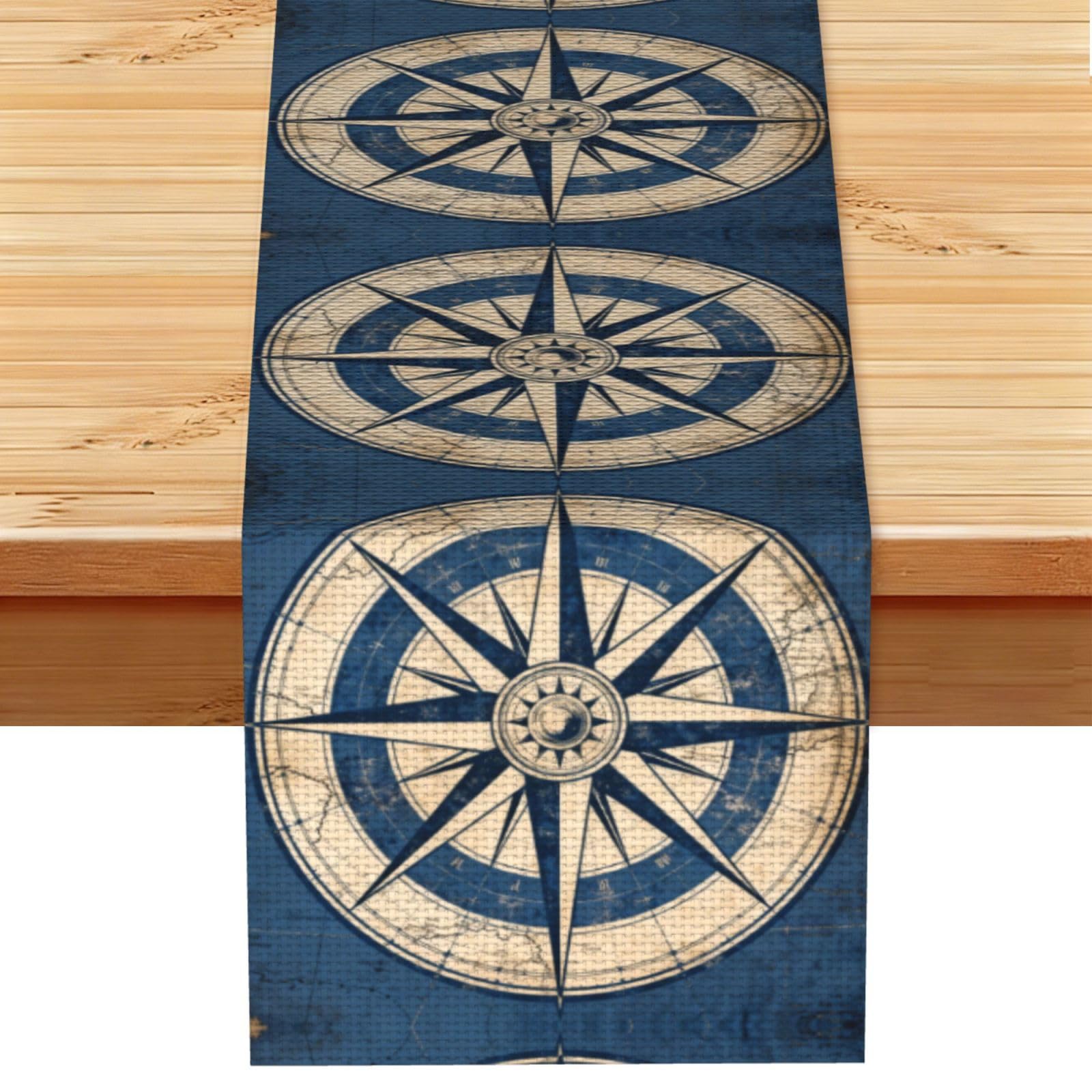 Compass Rose Design Linen Look Table Runner 13x72-Wrinkle Resistant Farmhouse Style for Dining Table Decor