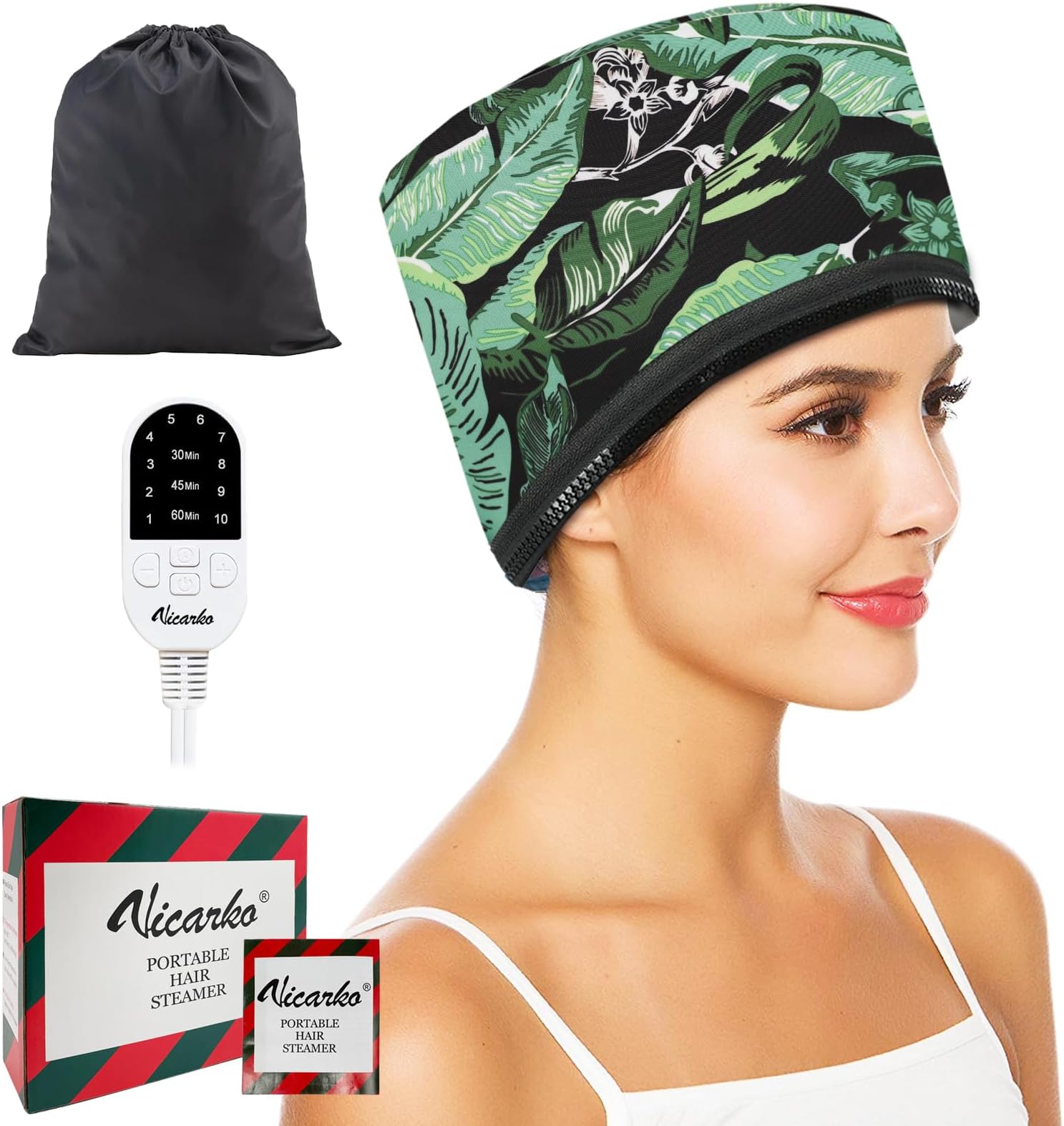 VICARKO Hair Steamer for Deep Conditioning, 10-Level Heats Up Quickly, 118” Power Cord, Heating Cap Hot Oil Treatment Heat, Electric Thermal Heated Steam for Natural Black Hair, Leaf Print