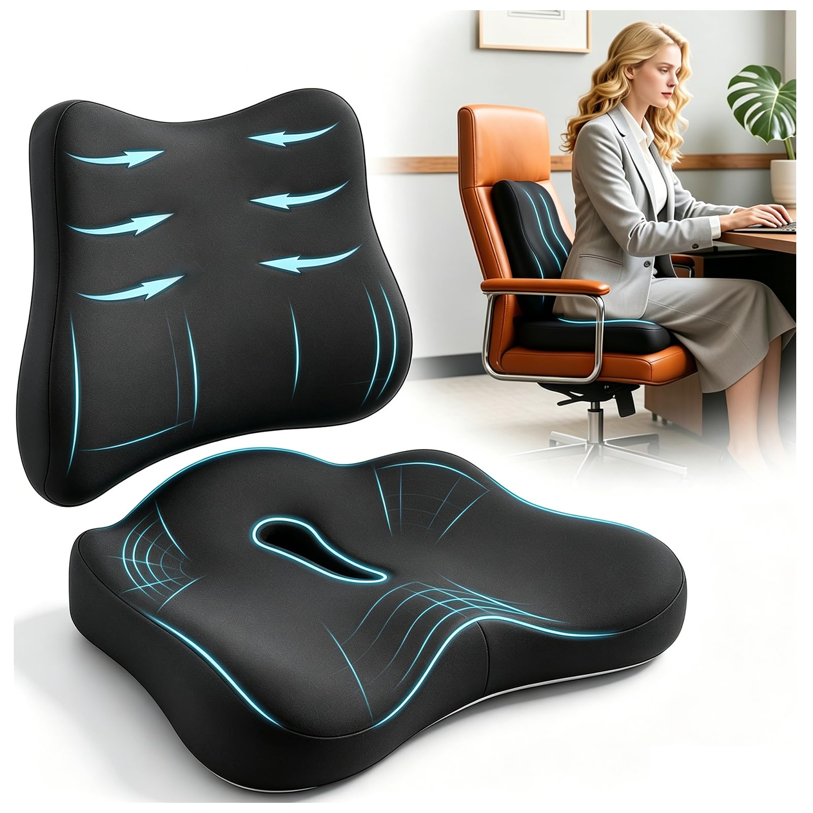 2 in 1Cuscino Sedia Ufficio Memory Foam Supporto Lombare e Seduta Cuscino Lombare Auto Ergonomico per Auto e Gaming, Allevia Dolore Coccige e Schiena, Fodera Lavabile e Base Antiscivolo